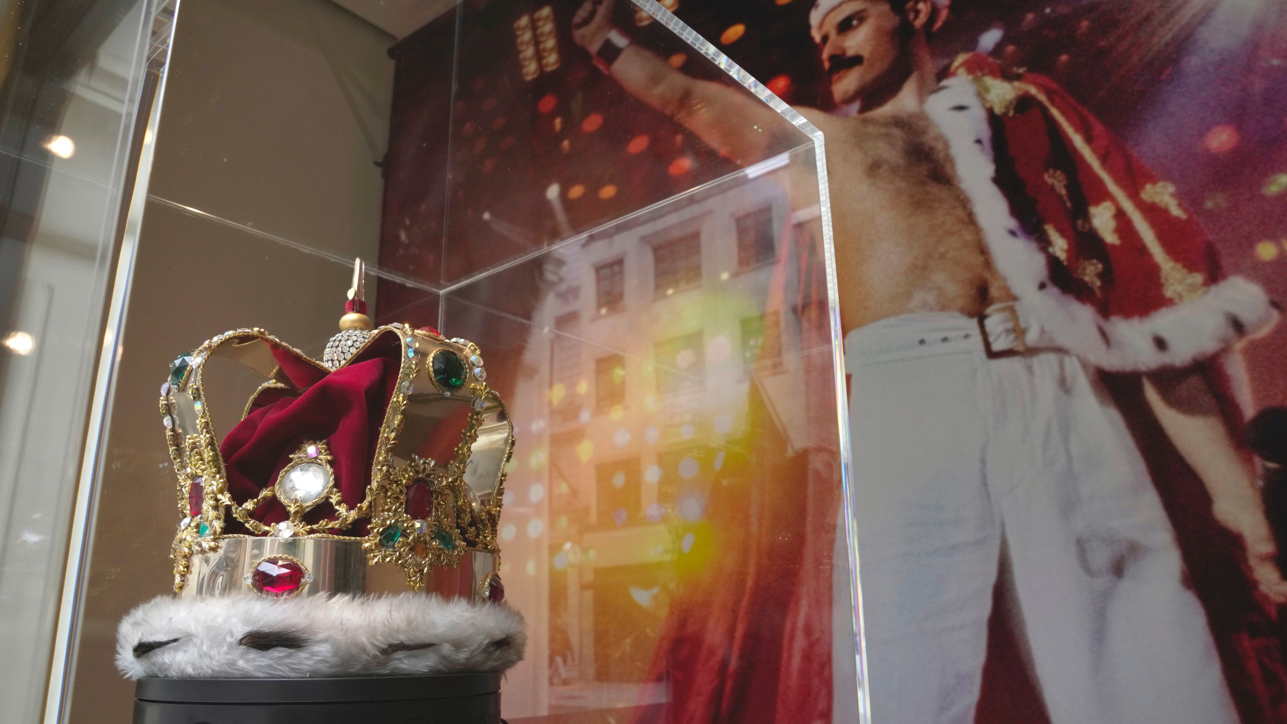 A replica of St. Edward's Crown, worn by Freddie Mercury in his final concert with Queen in 1986, is displayed at the Sotheby's exhibition in London, Wednesday, April 26, 2023. The crown is said to be based on St. Edward's Crown, which will be featured in King Charles III's coronation next month. Unlike the authentic centerpiece of Britain's Crown Jewels, the headpiece worn by Mercury is only estimated to sell for 60,000 to 80,000 pounds ($75,000-100,000). (AP Photo/Kin Cheung)