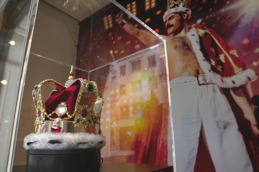 A replica of St. Edward's Crown, worn by Freddie Mercury in his final concert with Queen in 1986, is displayed at the Sotheby's exhibition in London, Wednesday, April 26, 2023. The crown is said to be based on St. Edward's Crown, which will be featured in King Charles III's coronation next month. Unlike the authentic centerpiece of Britain's Crown Jewels, the headpiece worn by Mercury is only estimated to sell for 60,000 to 80,000 pounds ($75,000-100,000). (AP Photo/Kin Cheung)