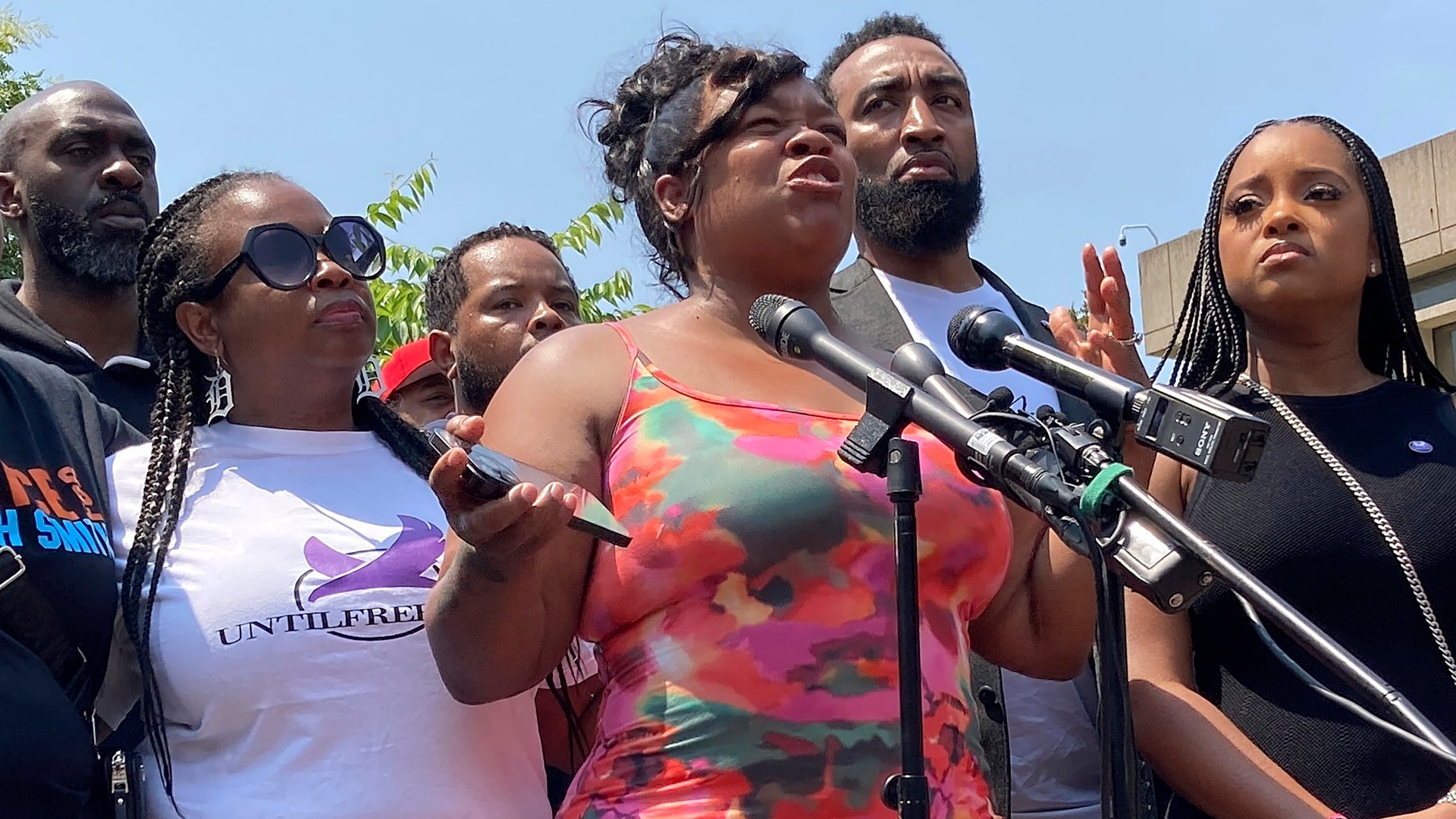 Breonna Taylor's mother, Tamika Palmer, speaks at a news conference in Louisville, Ky,. on Monday, June 5, 2023 to announce a voter campaign in the Kentucky governor's race. The campaign is aimed at defeating Kentucky Attorney General Daniel Cameron, the Republican nominee for governor. Taylor supporters have complained about Cameron's handling of the Taylor investigation in 2020. (AP Photo/Dylan Lovan)