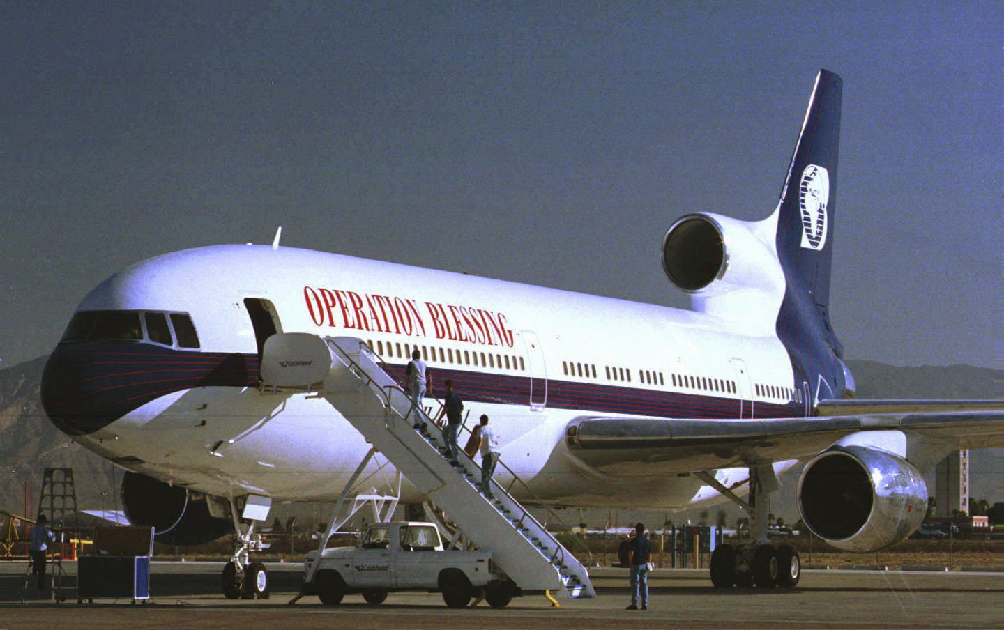 FILE - A reconditioned L-1011 jumbo jet sits on the tarmac at Lockheed Aeronautics in Tucson, Ariz., on April 11, 1996, awaiting finishing touches for its new job with Operation Blessing. Robertson died Thursday, June 8, 2023. (AP Photo/John Miller, File)