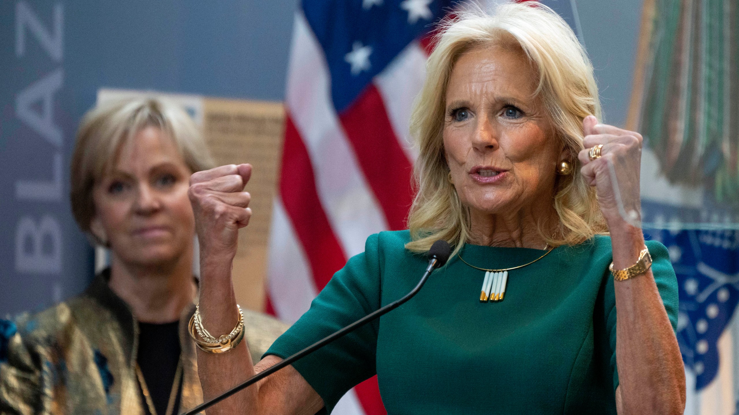 First lady Jill Biden, right, next to Phyllis Wilson, President of the Military Women's Memorial, speaks during an event honoring women in the military on the 75th Anniversary of the Women's Armed Services Integration Act, Monday, June 12, 2023, at the Military Women's Memorial at Arlington National Cemetery in Arlington, Va. (AP Photo/Jacquelyn Martin)