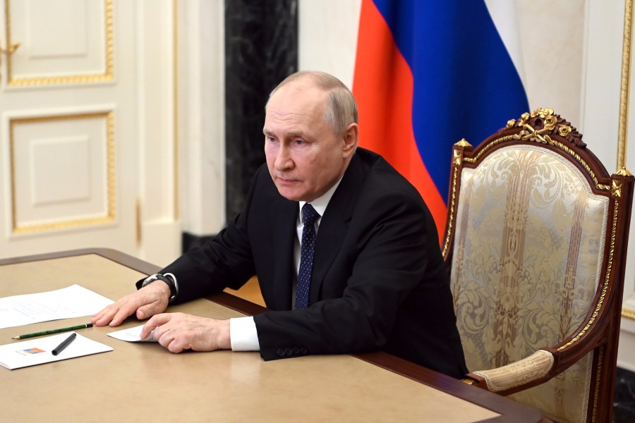 Russian President Vladimir Putin Vladimir attends a meeting on the situation in the area of the Crimean bridge via video conference at the Kremlin in Moscow, Russia, Monday, July 17, 2023. (Alexander Kazakov, Sputnik, Kremlin Pool Photo via AP)