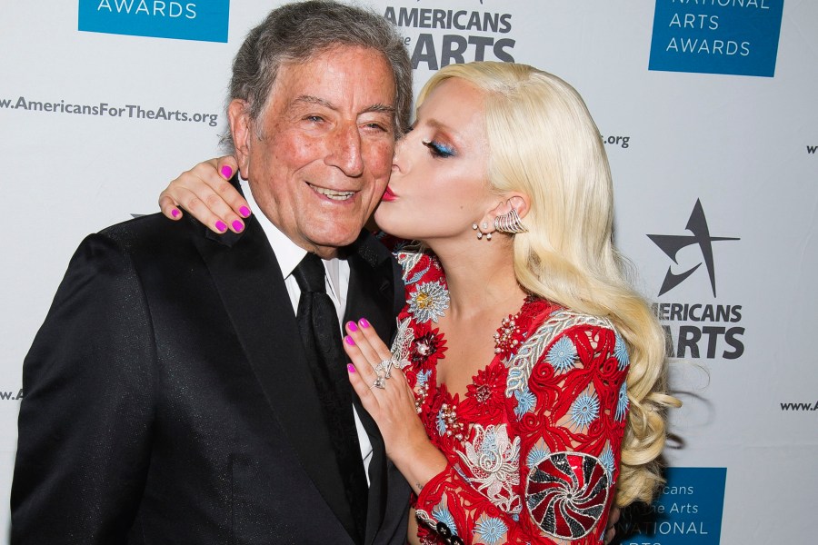 FILE - Tony Bennett, left, and Lady Gaga appear at the Americans for the Arts 2015 National Arts Awards in New York on Oct. 19, 2015. Bennett died Friday, July 21, 2023. at age 96. (Photo by Charles Sykes/Invision/AP, File)