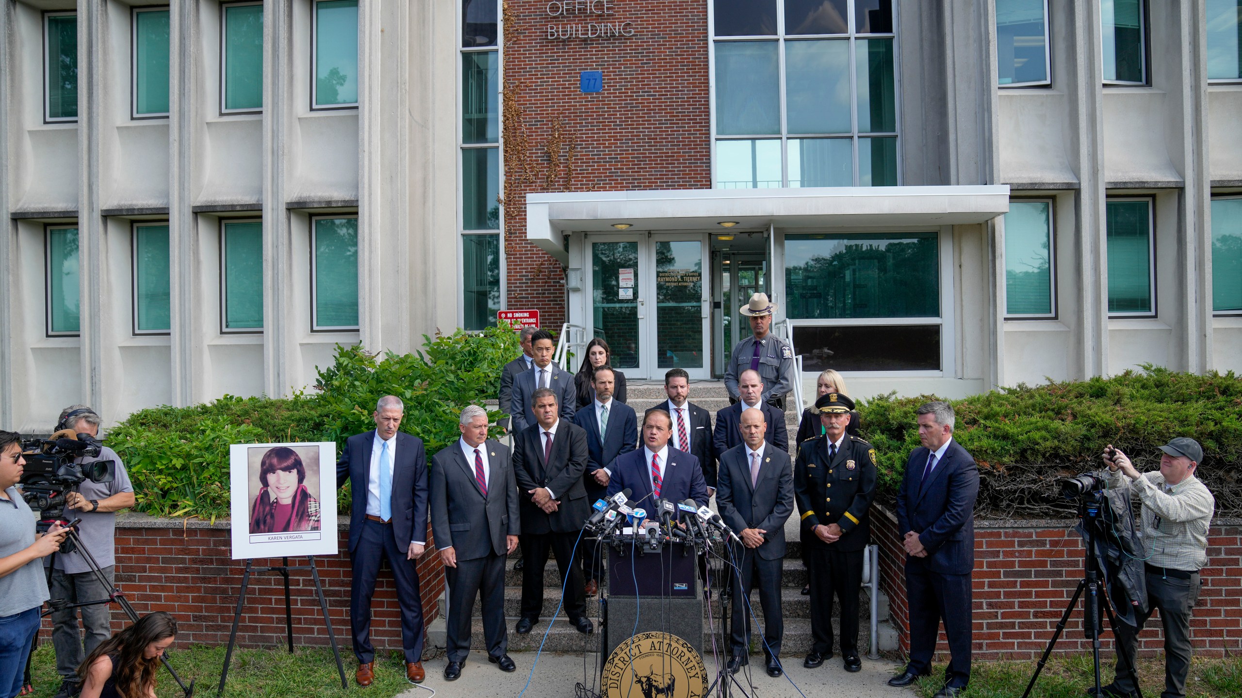 Suffolk County District Attorney Raymond Tierney speaks at a news conference to announce the identity of a victim investigators had called the "Jane Doe No. 7," as Karen Vergata, Friday, Aug. 4, 2023, in Hauppauge, New York. Law enforcement authorities said Friday they have identified a woman whose remains were found as far back as 1996 in different spots along the Long Island coast, some of them near the Gilgo Beach locations of bodies investigators believe were left by a serial killer. (AP Photo/John Minchillo)