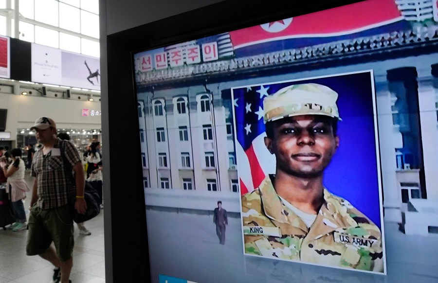 A TV screen shows a file image of American soldier Travis King during a news program at the Seoul Railway Station in Seoul, South Korea, Wednesday, Aug. 16, 2023. North Korea asserted Wednesday that the U.S. soldier who bolted into the North across the heavily armed Korean border last month did so after being disillusioned with the inequality of American society and racial discrimination in its Army. (AP Photo/Ahn Young-joon)