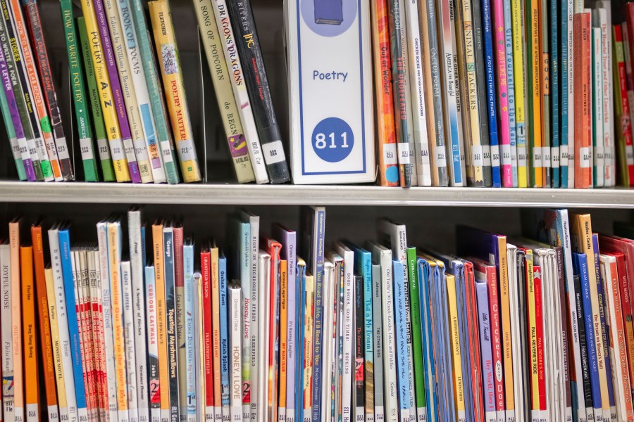 FILE - Books sit on shelves in an elementary school library in suburban Atlanta, on Friday, Aug. 18, 2023. The battle over how to teach reading has landed in court. With momentum shifting in favor of research-backed strategies known as the “science of reading,” states and some school districts have been ditching once popular programs amid concerns that they aren’t effective. (AP Photo/Hakim Wright Sr., File)