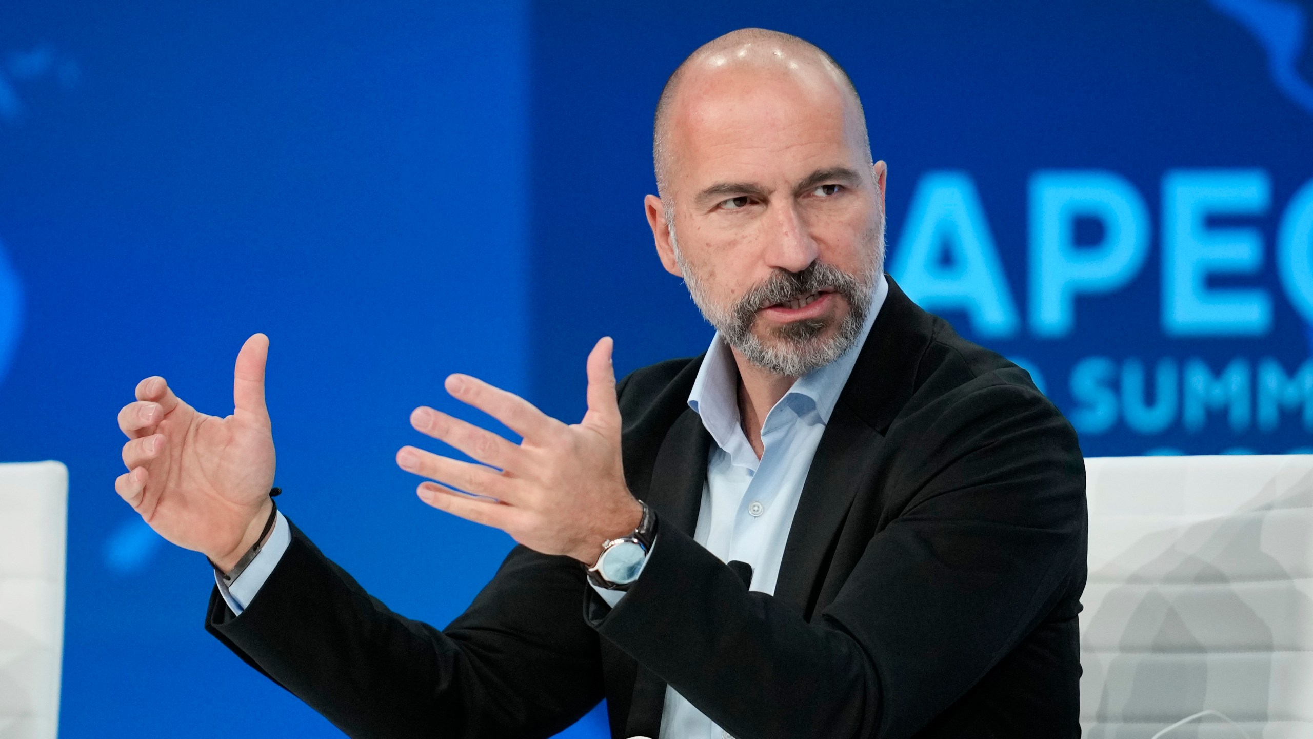 Uber CEO Dara Khosrowshahi, CEO, participates in a session during the APEC CEO Summit Wednesday, Nov. 15, 2023, in San Francisco. (AP Photo/Eric Risberg)