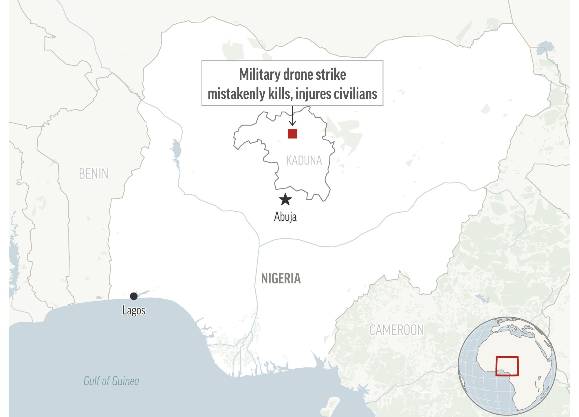 A Nigerian military drone targeting rebels bombed civilians at a religious celebration Sunday. (AP Graphic)