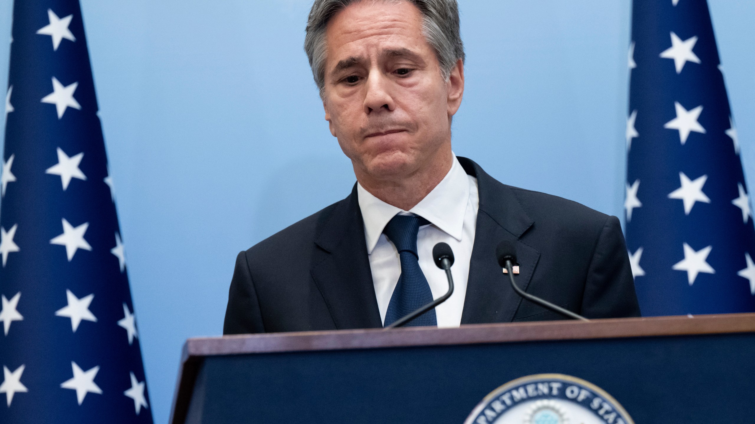 US Secretary of State Antony Blinken speaks during a press conference in Tel Aviv, Israel, Thursday, Nov. 30, 2023. Blinken on November 30 urged Israel to create safe zones for Palestinian civilians in Gaza before it resumes "major military operations" in the Hamas-ruled territory. (Saul Loeb/Pool Photo via AP)