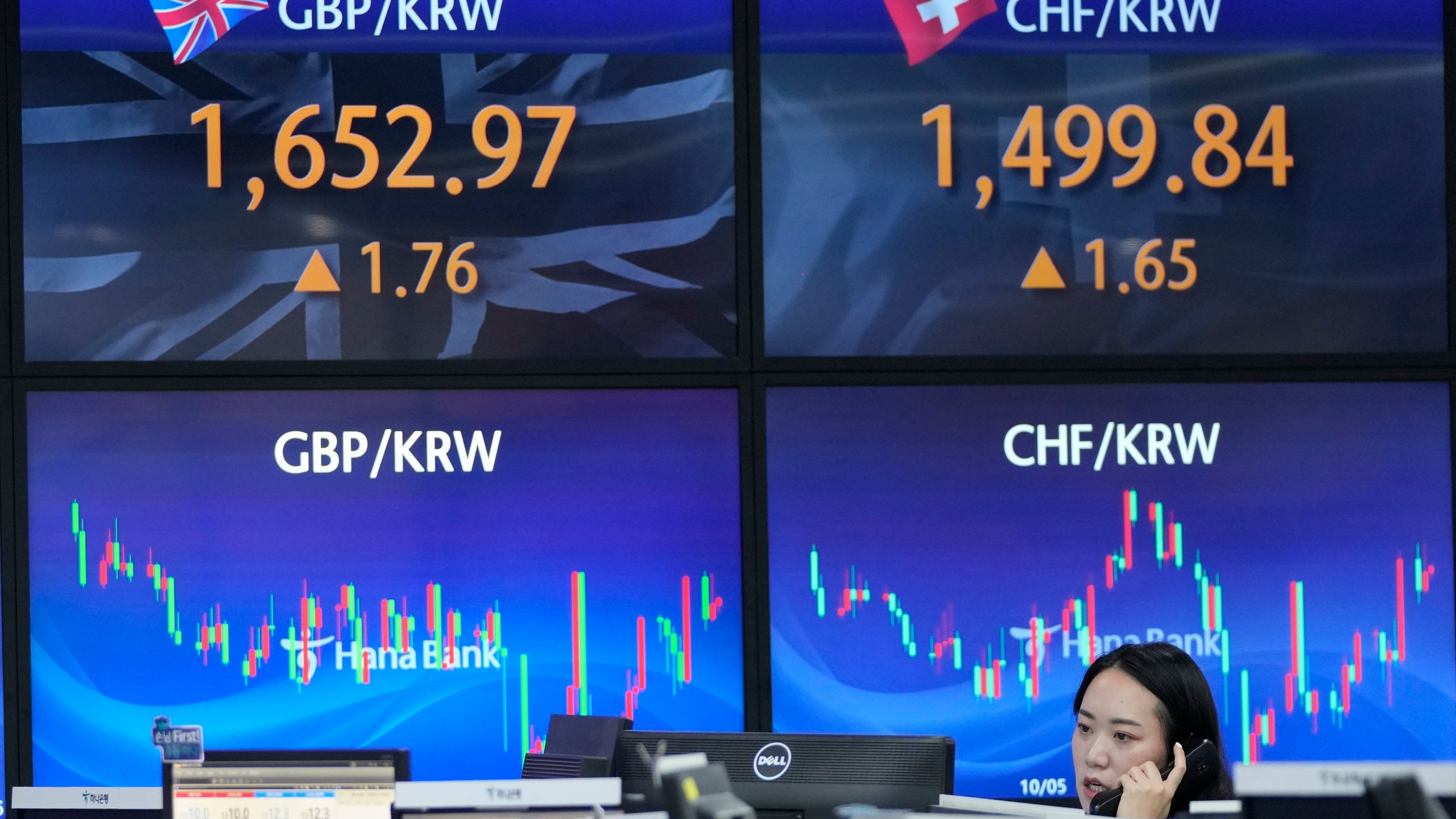 A currency trader talks on the phone at the foreign exchange dealing room of the KEB Hana Bank headquarters in Seoul, South Korea, Wednesday, Dec. 6, 2023. Asian shares advanced on Wednesday after most stocks slipped on Wall Street following a mixed set of reports on the U.S. economy. (AP Photo/Ahn Young-joon)