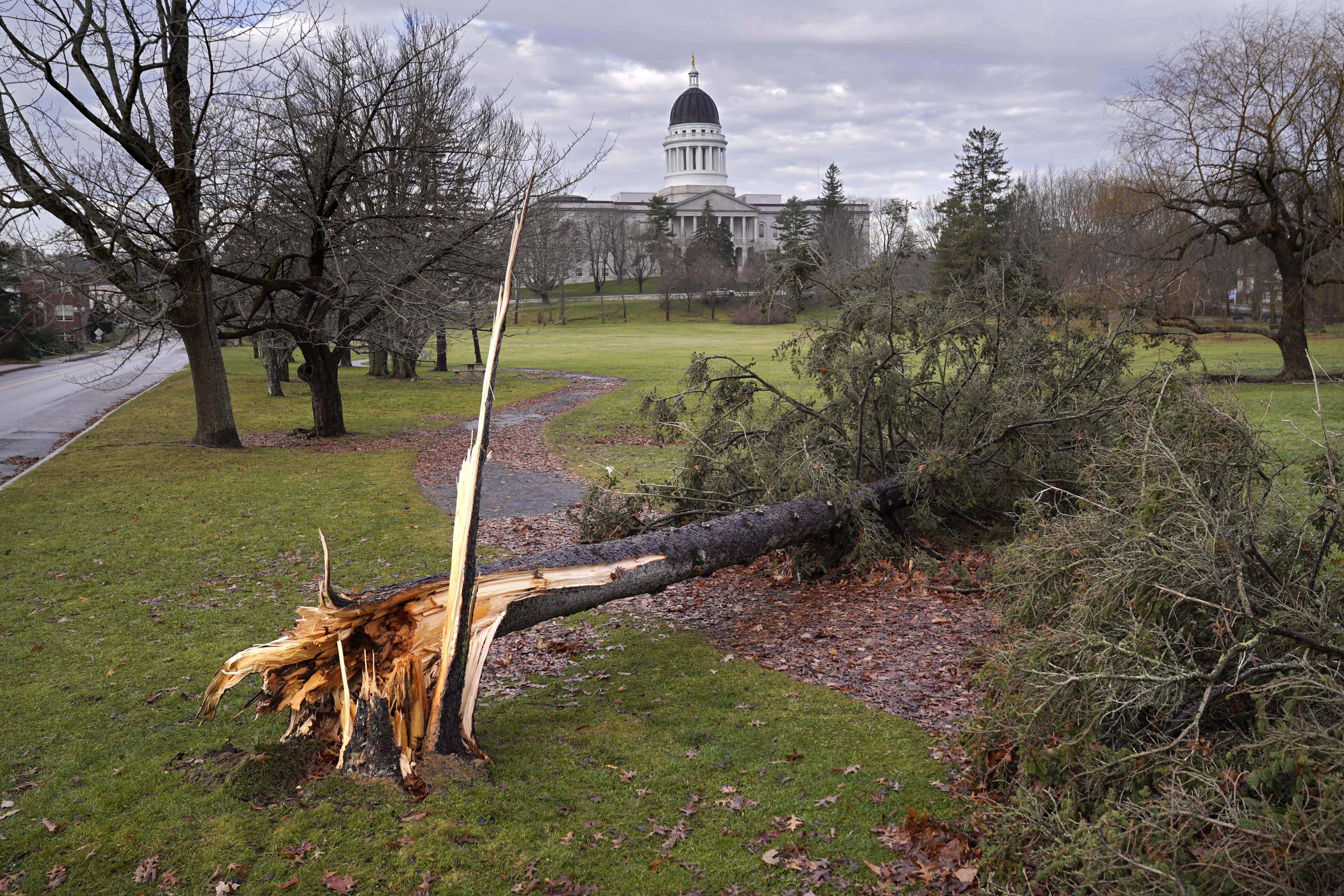 Trees lay broken in a park across the the State House, Tuesday, Dec. 19, 2023, in Hallowell, Maine. Thousands remain without electricity following Monday's severe storm. (AP Photo/Robert F. Bukaty)
