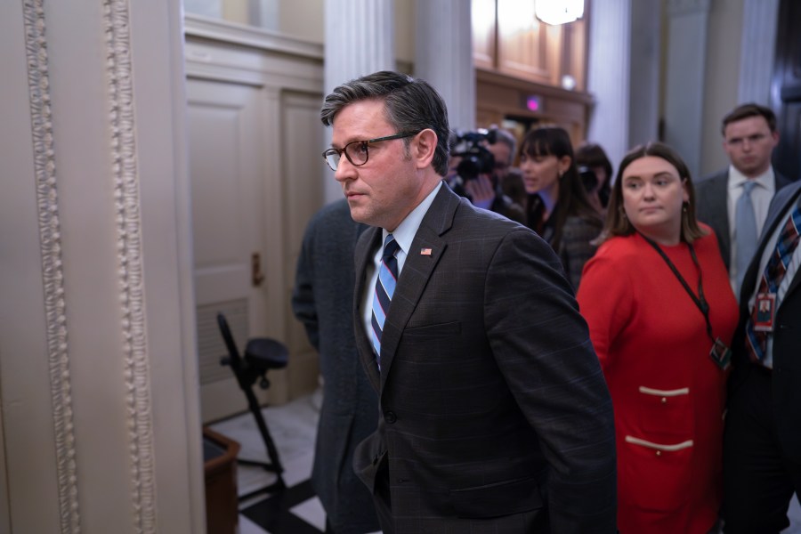 House Speaker Mike Johnson, R-La., enters the House chamber as lawmakers prepare to vote on the articles of impeachment against Homeland Security Secretary Alejandro Mayorkas for failures on the U.S.- Mexico border at the Capitol in Washington, Tuesday, Feb. 6, 2024. The impeachment vote failed. (AP Photo/J. Scott Applewhite)