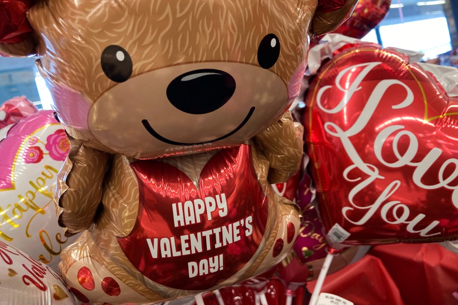 FILE - Valentine's Day balloons are displayed at a grocery store in Buffalo Grove, Ill., Feb. 10, 2022. In 2024, Feb. 14 is a holiday heavyweight due to a calendar collision of events — it’s Valentine’s Day and Ash Wednesday. (AP Photo/Nam Y. Huh, File)