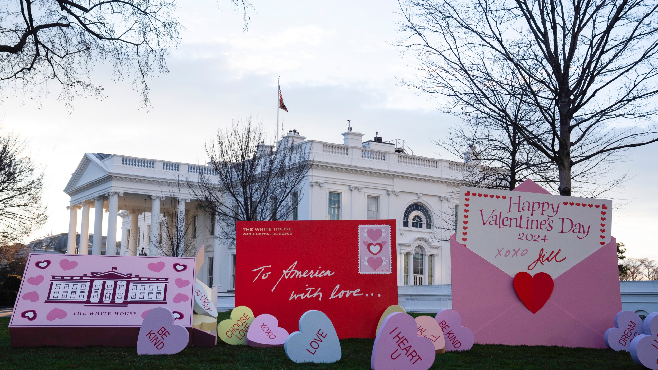 Decorations for Valentine's Day adorn the White House lawn, Wednesday, Feb. 14, 2024, in Washington. (AP Photo/Evan Vucci)