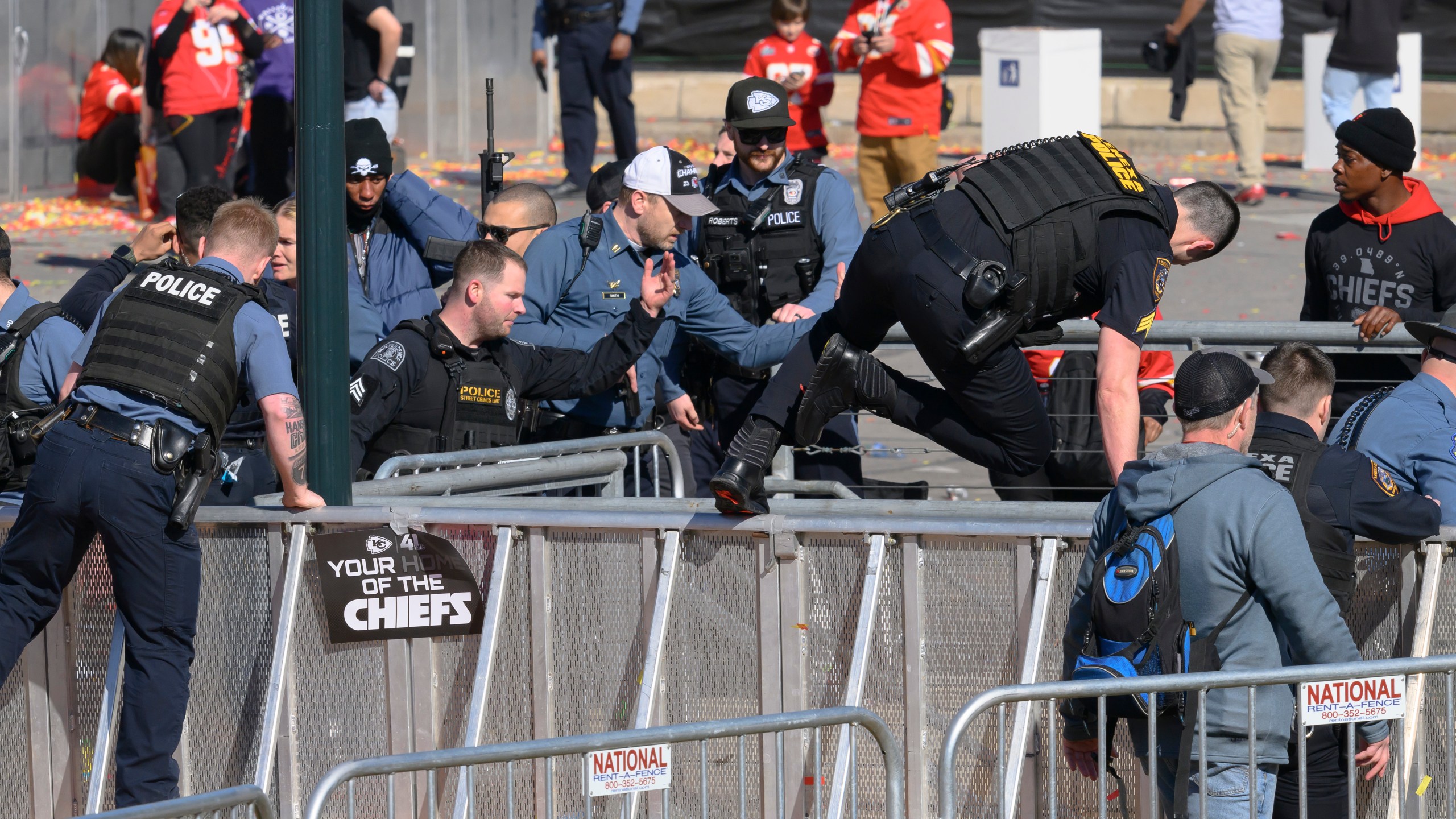 FILE - Law enforcement personnel clear the area around Union Station following a shooting at the Kansas City Chiefs NFL football Super Bowl celebration in Kansas City, Mo., Wednesday, Feb. 14, 2024. (AP Photo/Reed Hoffmann, File)