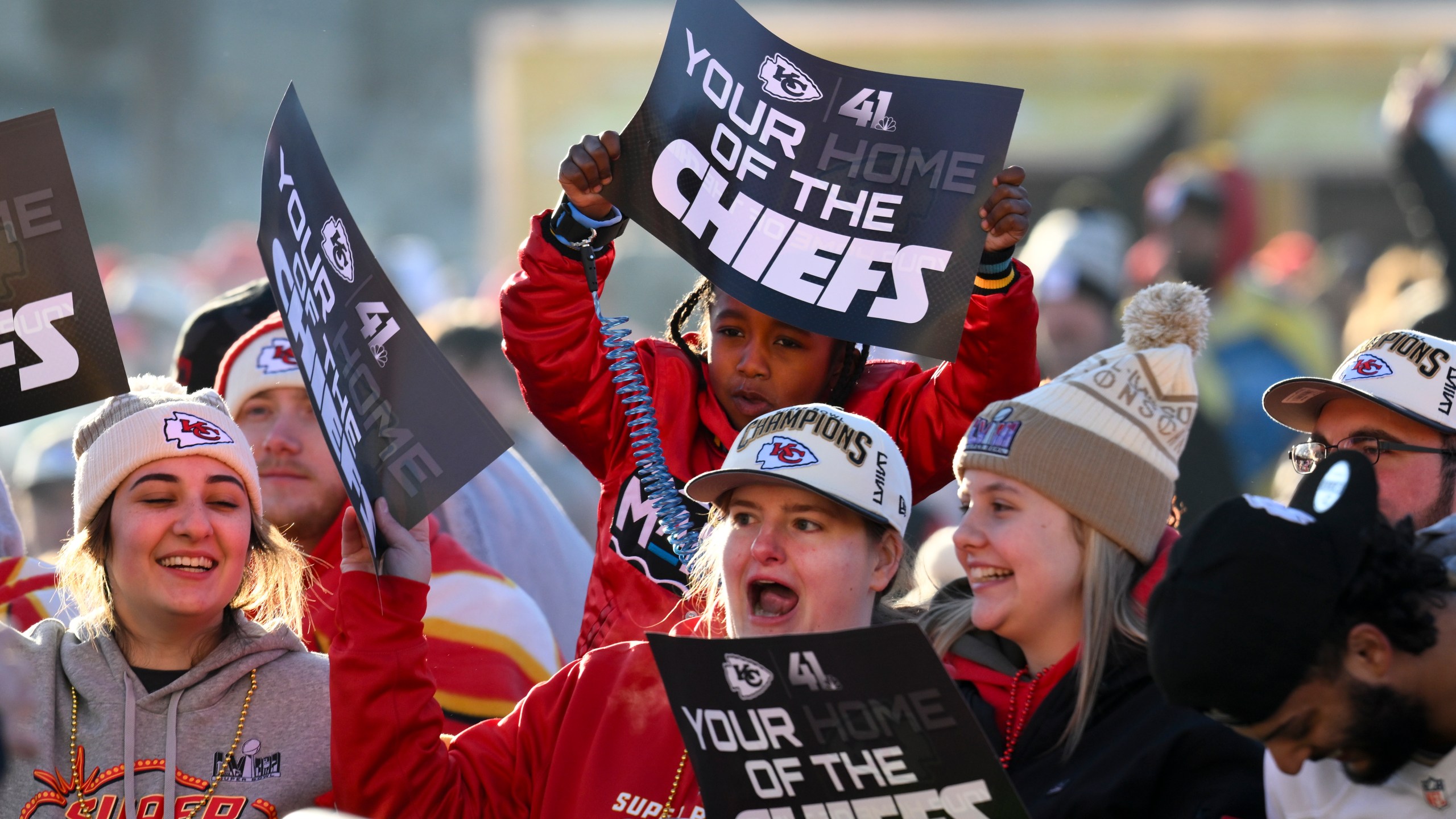 FILE - Kansas City Chiefs fans celebrate during a victory rally in Kansas City, Mo., Wednesday, Feb. 14, 2024. The Chiefs defeated the San Francisco 49ers Sunday in the NFL Super Bowl 58 football game. (AP Photo/Reed Hoffmann, File)