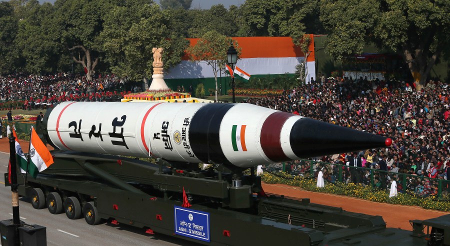 FILE - In this Jan. 26, 2013, file photo, the long range ballistic Agni-V missile is displayed during Republic Day parade, in New Delhi, India. (AP Photo/Manish Swarup, File)