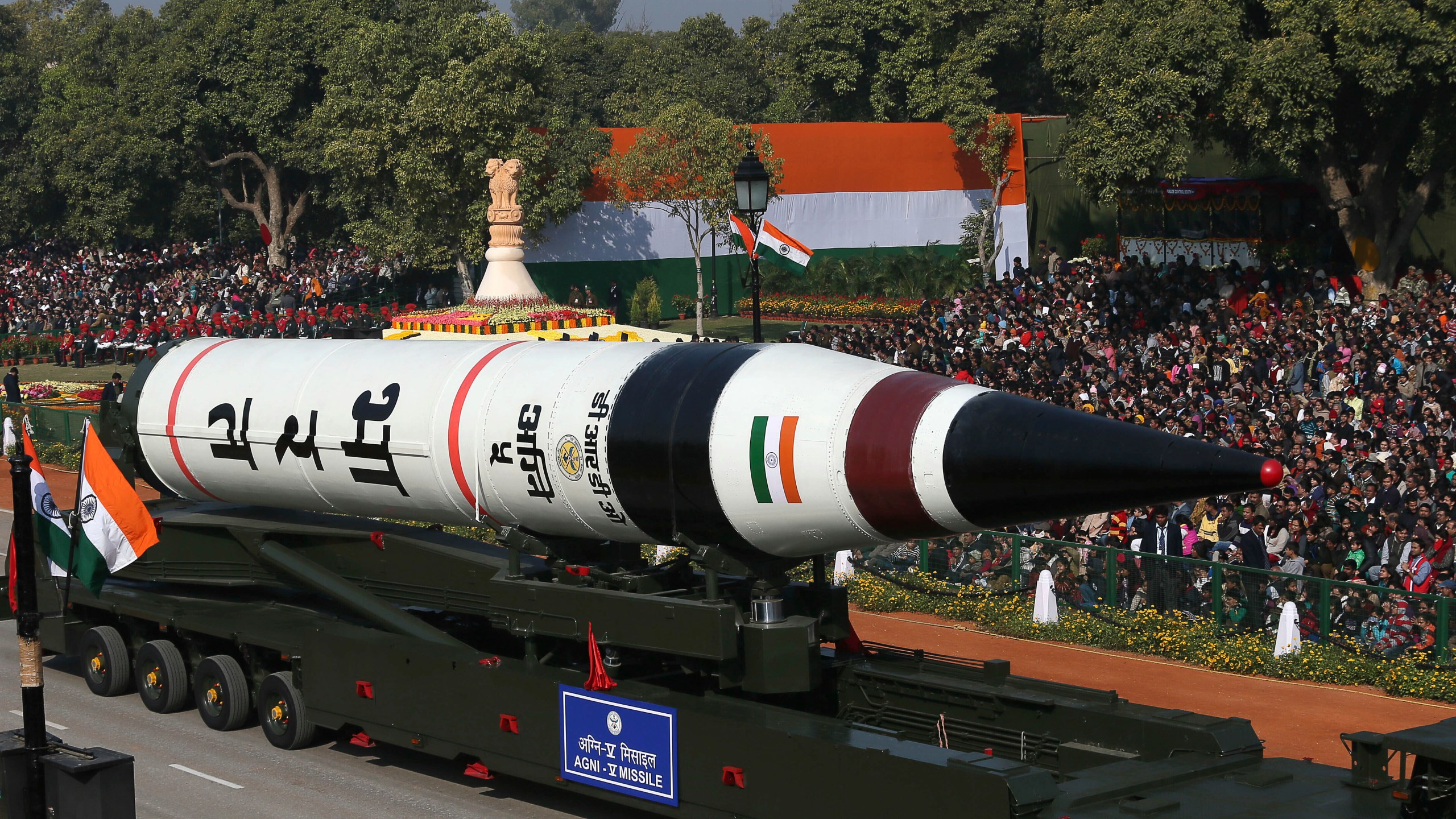 FILE - In this Jan. 26, 2013, file photo, the long range ballistic Agni-V missile is displayed during Republic Day parade, in New Delhi, India. (AP Photo/Manish Swarup, File)