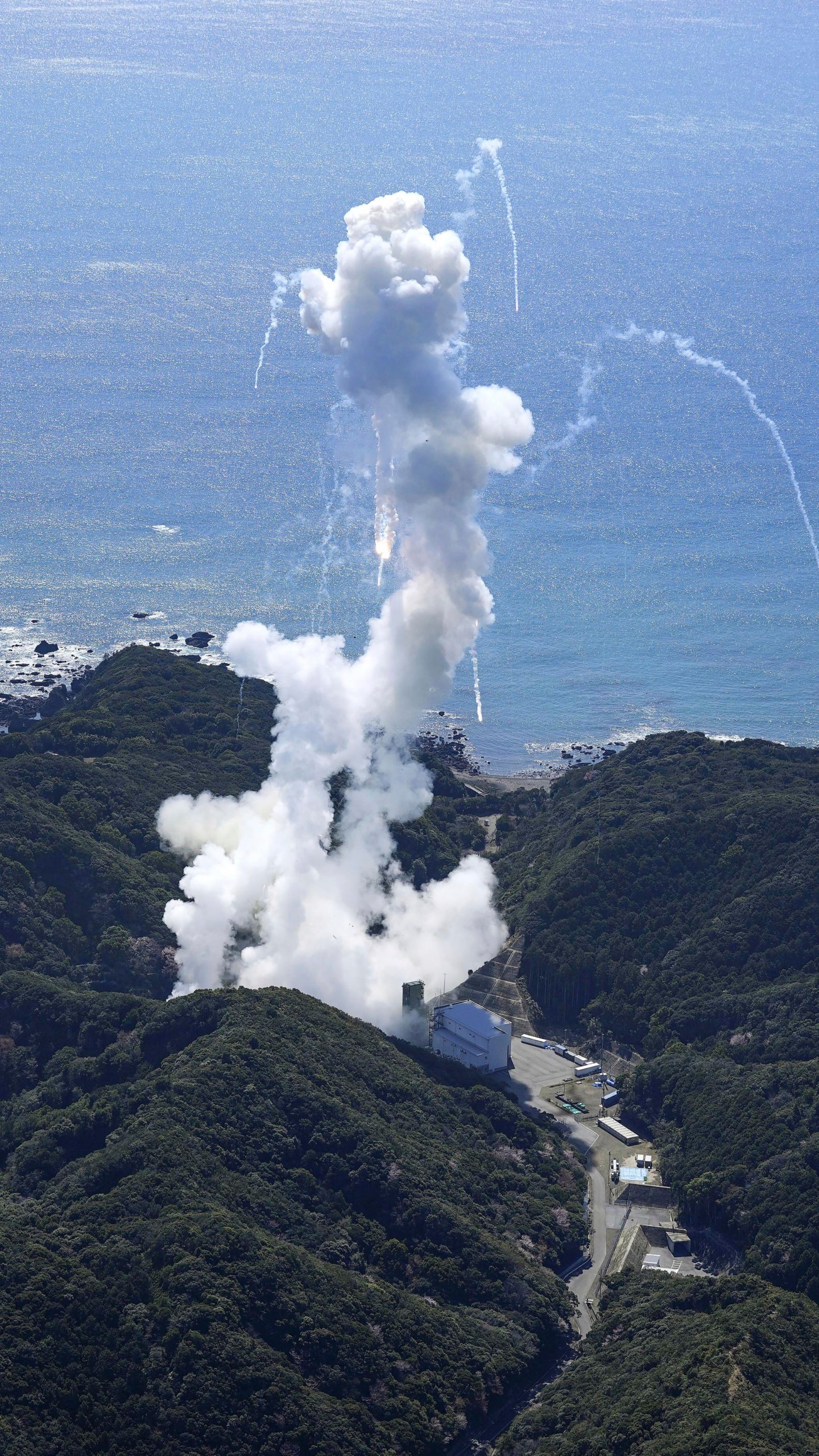 A Space One's Kairos rocket explodes after liftoff from a launch pad in Kushimoto, Wakayama prefecture, western Japan, Wednesday, March 13, 2024. (Kyodo News via AP)