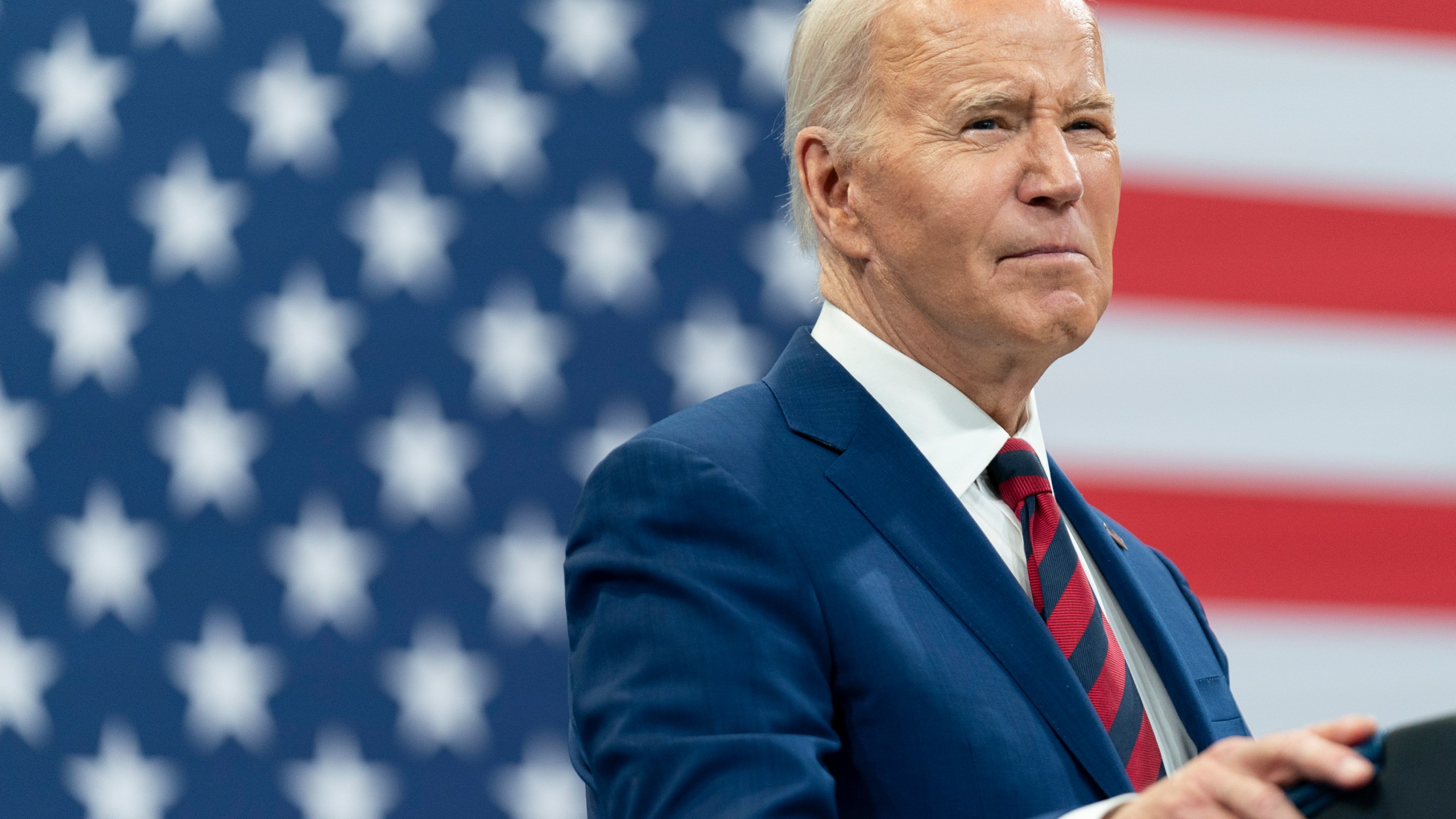 President Joe Biden delivers remarks during a campaign event with Vice President Kamala Harris in Raleigh, N.C., Tuesday, March 26, 2024. Voting ends Saturday in North Dakota’s Democratic presidential primary, with President Joe Biden looking to add the state’s handful of delegates to his insurmountable lead for the party’s nomination. The party-run contest rounds out the busiest month of voting on the presidential primary calendar, with 30 states, plus the District of Columbia and several U.S. territories all holding primaries and caucuses in the last 30 days. (AP Photo/Stephanie Scarbrough)