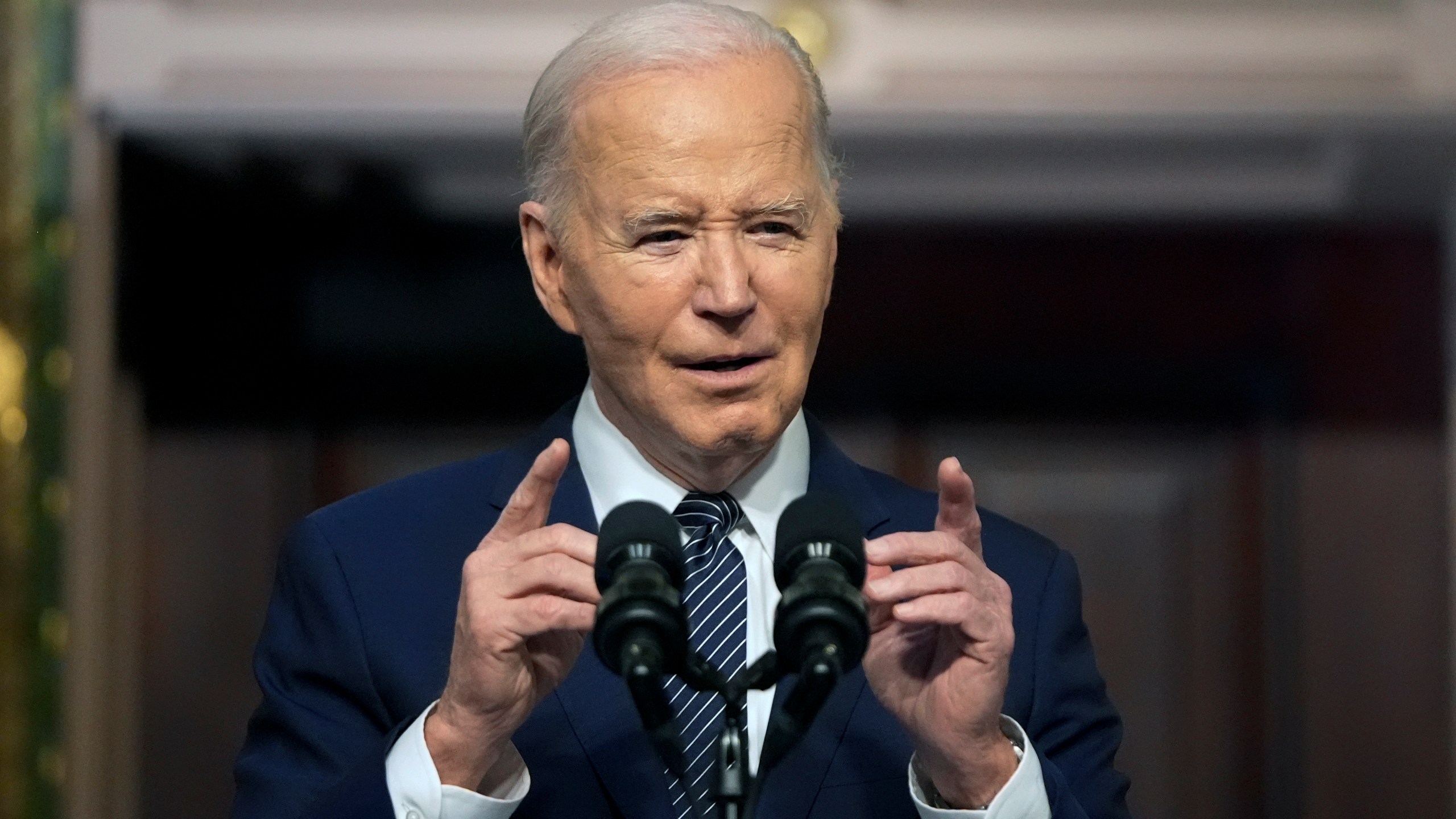 President Joe Biden speaks about lowering health care costs in the Indian Treaty Room at the Eisenhower Executive Office Building on the White House complex in Washington, Wednesday, April 3, 2024. (AP Photo/Mark Schiefelbein)