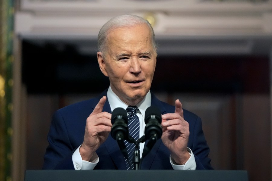 President Joe Biden speaks about lowering health care costs in the Indian Treaty Room at the Eisenhower Executive Office Building on the White House complex in Washington, Wednesday, April 3, 2024. (AP Photo/Mark Schiefelbein)