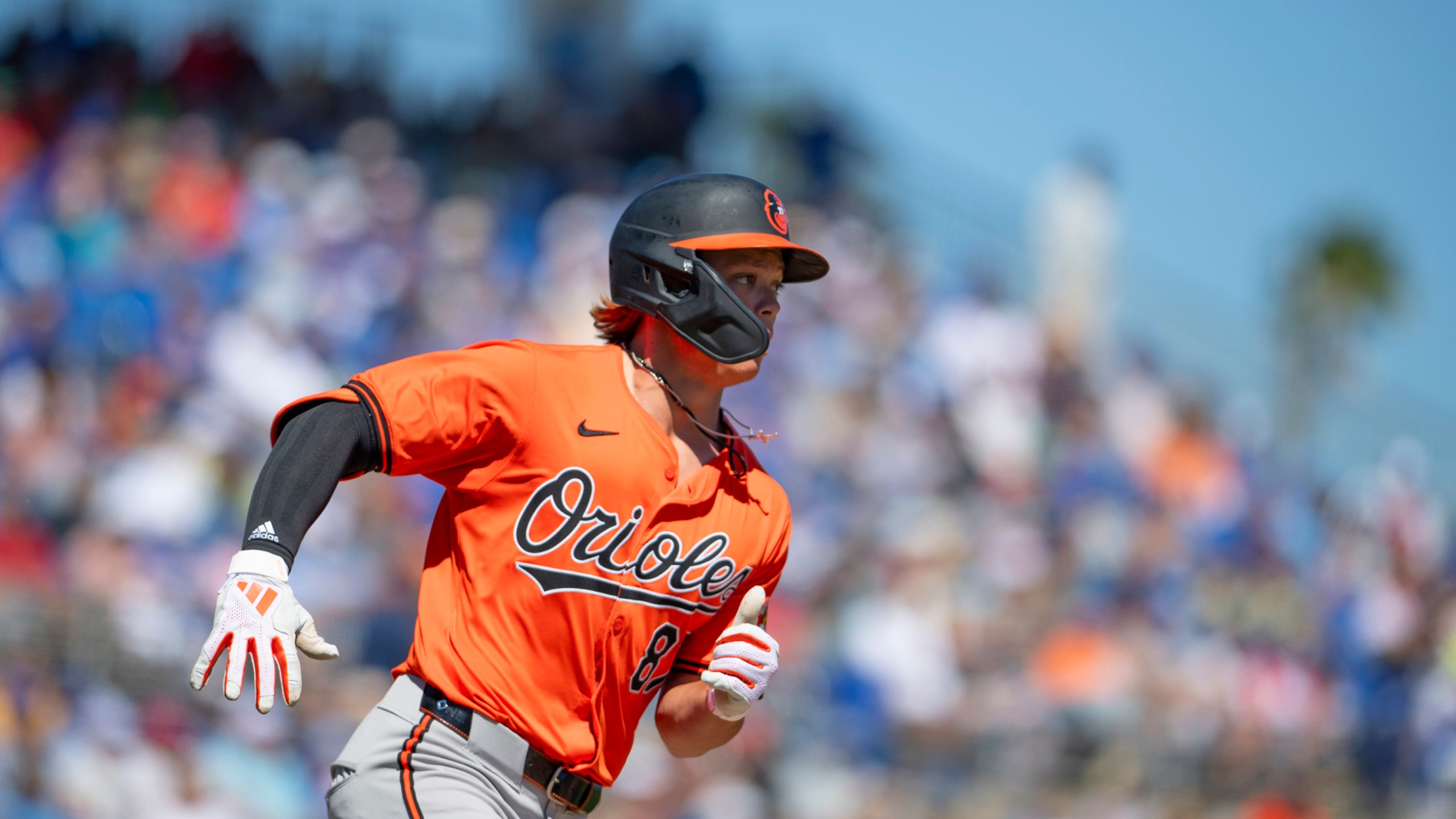 Baltimore Orioles second baseman Jackson Holliday rounds first base after hitting a home run during a baseball game against the Toronto Blue Jays, Tuesday, March 19, 2024, in Dunedin, Fla. (Mark Taylor/The Canadian Press via AP)