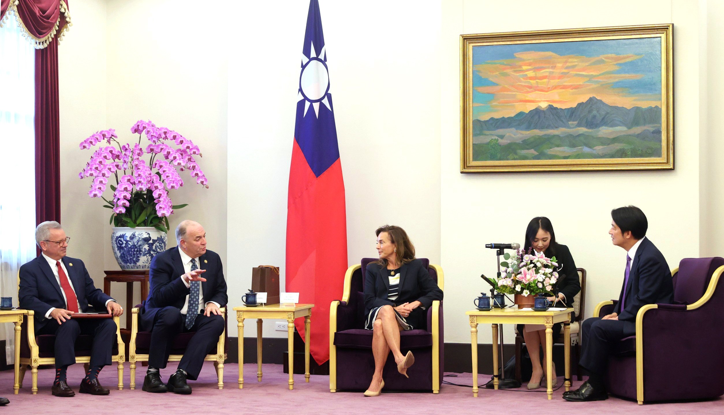 In this photo released by the Taiwan Presidential Office, from left Mark Alford, a member of the House Armed Services Committee, U.S. Democratic Congressman Dan Kildee, Lisa McClain, secretary-general of the Republican Caucus of the U.S. House of Representatives meets with Taiwan President-elect and Vice President Lai Ching-te in Taipei, Taiwan on Tuesday, April 23, 2024. McClain and Kildee jointly led a cross-party group of lawmakers to visit Taiwan from April 23 to 25 . Members also include Mark Alford, a member of the House Armed Services Committee. (Taiwan Presidential Office via AP)