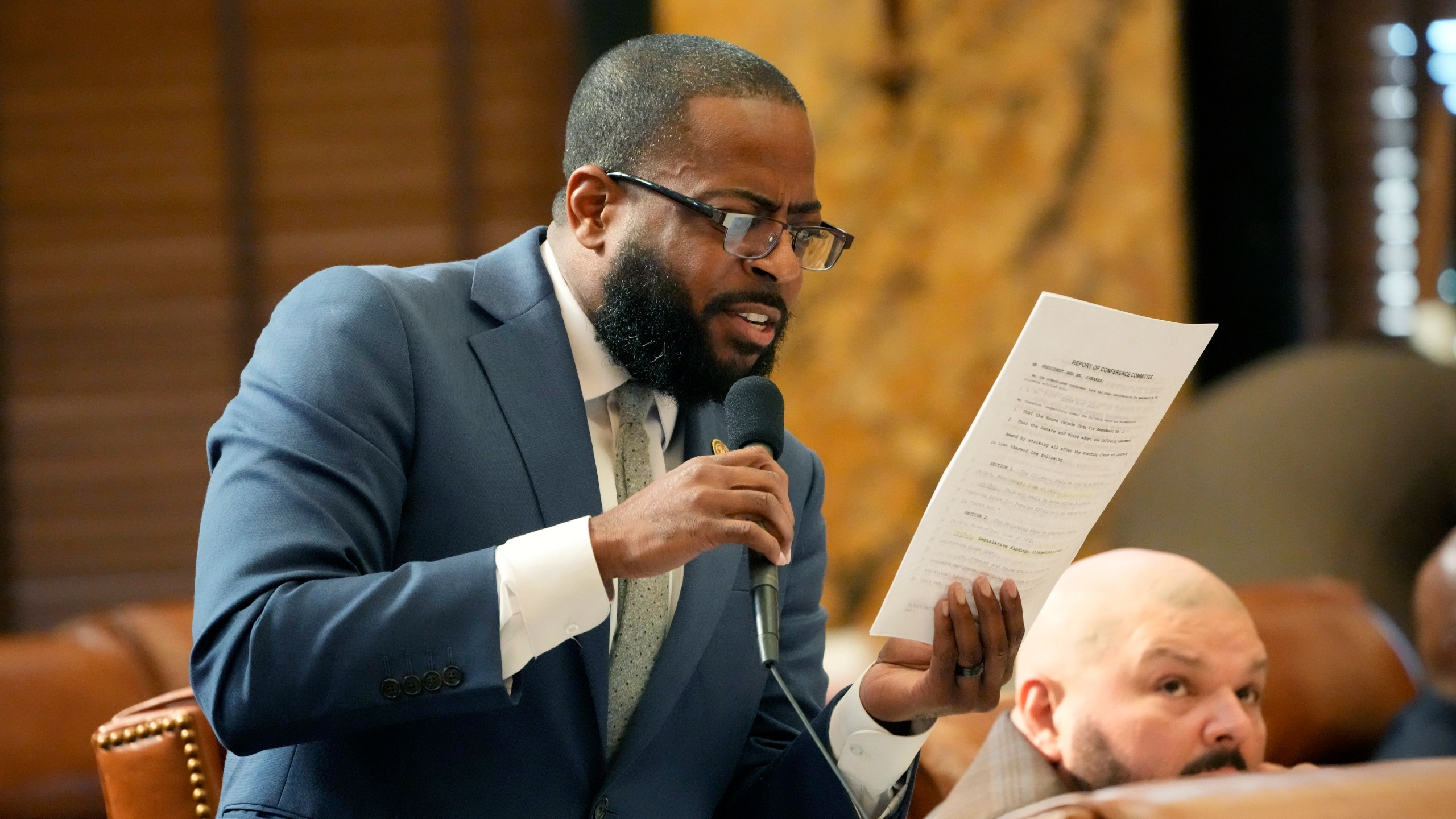 Mississippi State Rep. Fabian Nelson, D-Jackson, asks for a clarification on a bill to regulate transgender people's use of bathrooms, locker rooms and dormitories in public education buildings, before the House at the state Capitol in Jackson, Miss., Thursday, May 2, 2024. (AP Photo/Rogelio V. Solis)