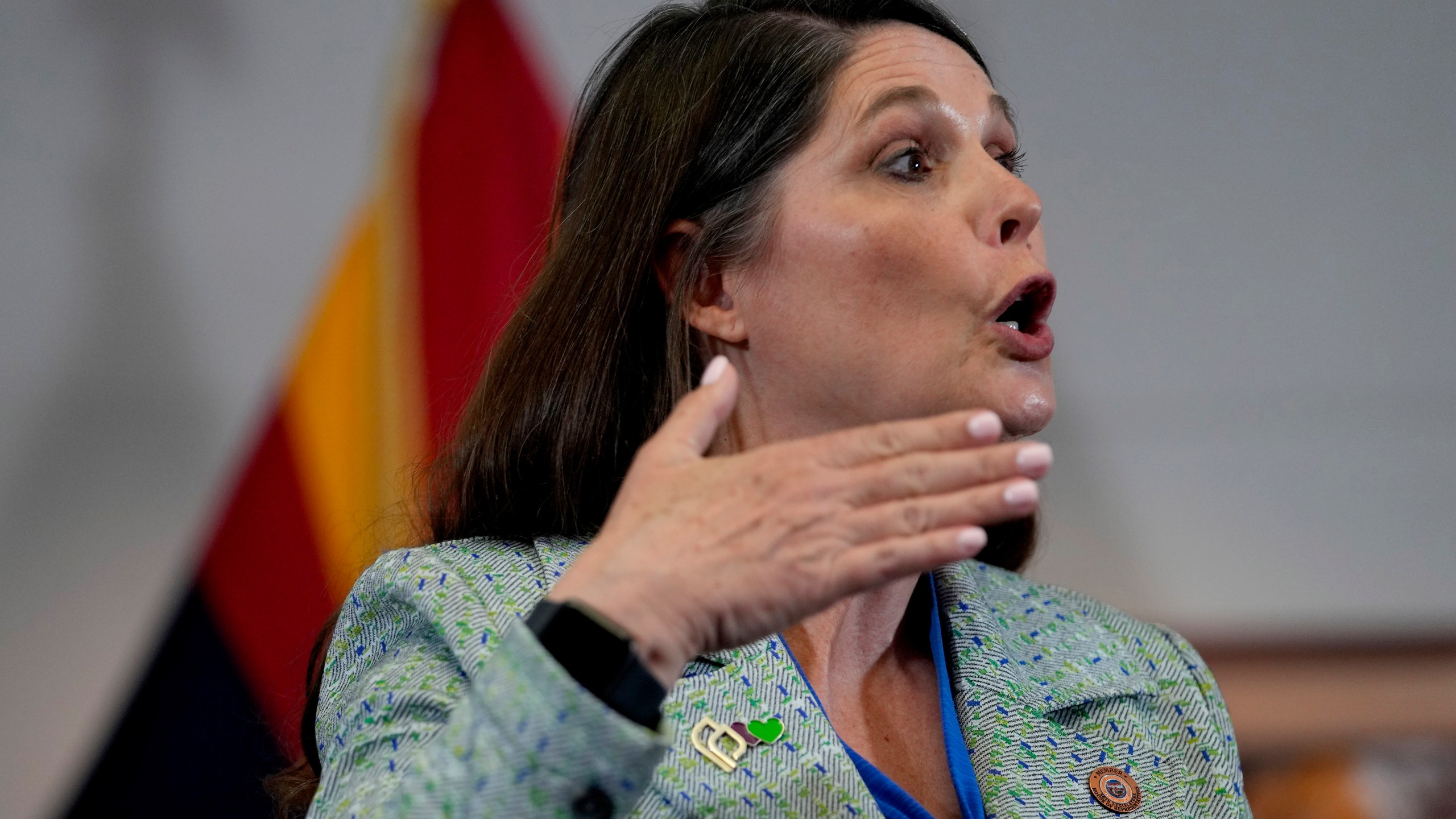 Arizona Rep. Stephanie Stahl Hamilton speaks prior to Arizona Gov. Katie Hobbs, signing the repeal of the Civil War-era near-total abortion ban, Thursday, May 2, 2024, at the Capitol in Phoenix. (AP Photo/Matt York)