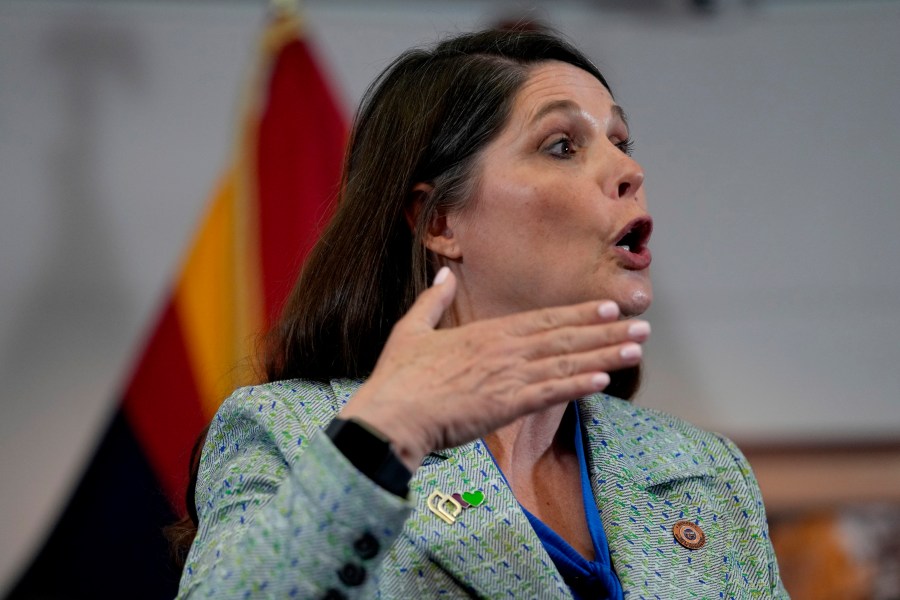 Arizona Rep. Stephanie Stahl Hamilton speaks prior to Arizona Gov. Katie Hobbs, signing the repeal of the Civil War-era near-total abortion ban, Thursday, May 2, 2024, at the Capitol in Phoenix. (AP Photo/Matt York)