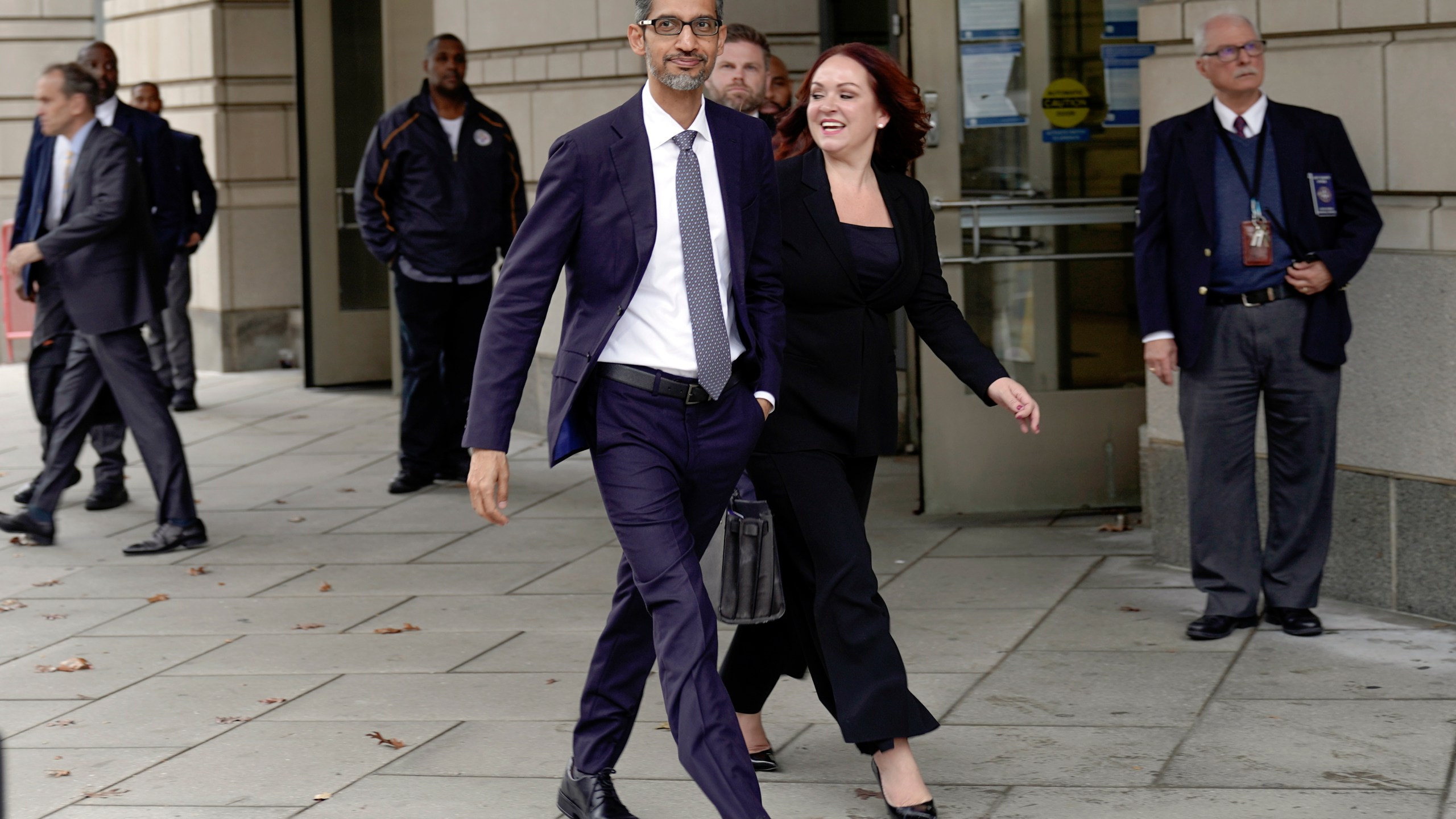 FILE - Google CEO Sundar Pichai leaves the federal courthouse on Oct. 30, 2023, in Washington. The largest U.S. antitrust trial since regulators went after Microsoft a quarter century ago is set to resume May 2, 2024, with government and Google making closing arguments in a case that has targeted the Big Tech company's ubiquitous search engine.(AP Photo/Mariam Zuhaib, File)