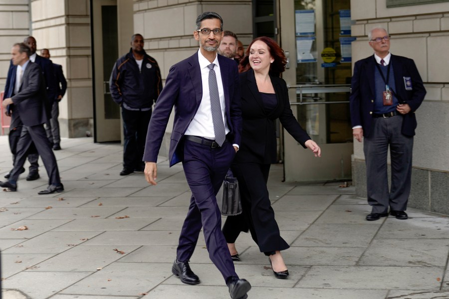 FILE - Google CEO Sundar Pichai leaves the federal courthouse on Oct. 30, 2023, in Washington. The largest U.S. antitrust trial since regulators went after Microsoft a quarter century ago is set to resume May 2, 2024, with government and Google making closing arguments in a case that has targeted the Big Tech company's ubiquitous search engine.(AP Photo/Mariam Zuhaib, File)