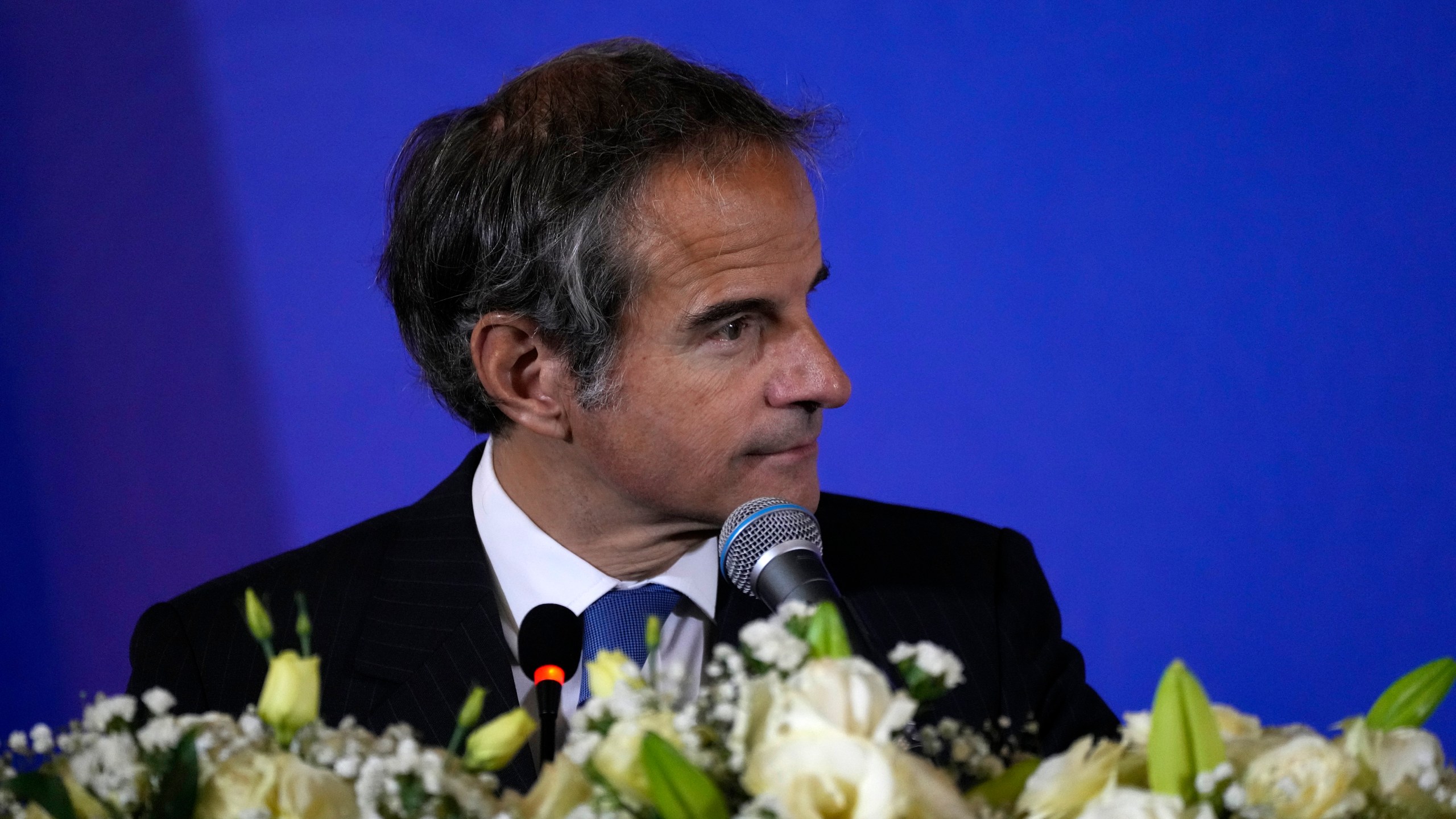 International Atomic Energy Organization, IAEA, Director General Rafael Grossi listens during his joint press conference with head of Iran's atomic energy department Mohammad Eslami after their meeting in the central city of Isfahan, Iran, Tuesday, May 7, 2024. (AP Photo/Vahid Salemi)