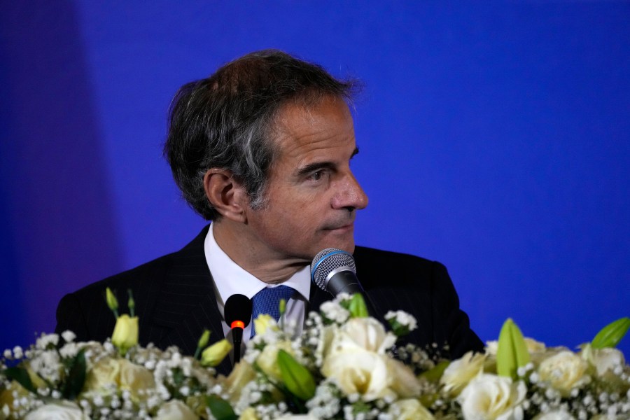 International Atomic Energy Organization, IAEA, Director General Rafael Grossi listens during his joint press conference with head of Iran's atomic energy department Mohammad Eslami after their meeting in the central city of Isfahan, Iran, Tuesday, May 7, 2024. (AP Photo/Vahid Salemi)