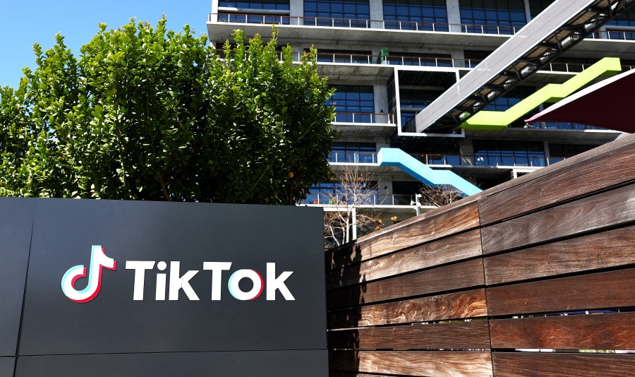 The TikTok logo is displayed outside TikTok offices in Culver City, California. House Republicans are moving forward with legislation that would force the owners of the popular Chinese social media app to sell the platform or face a ban in the United States. (Photo by Mario Tama/Getty Images)