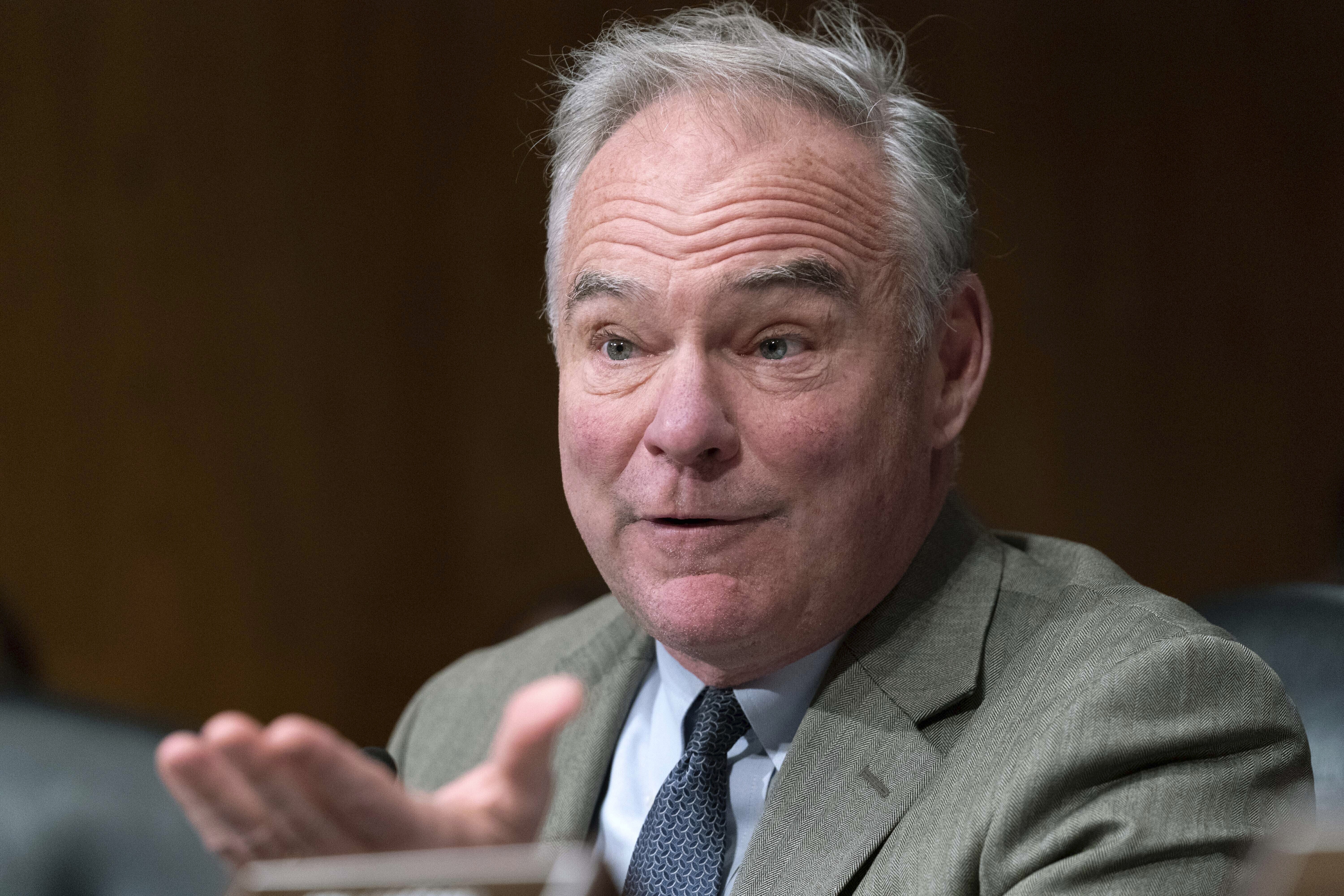 FILE - U.S. Sen. Tim Kaine, D-Va., speaks during a committee hearing on Capitol Hill in Washington, June 8, 2023. Political observers have already placed bets on Kaine, predicting the Democrat will glide into a third term as the junior U.S. Senator of Virginia, but Republicans vying for a chance to unseat the former vice presidential candidate say they see an opening with President Joe Biden at the top of November’s ticket. (AP Photo/Jose Luis Magana, File)