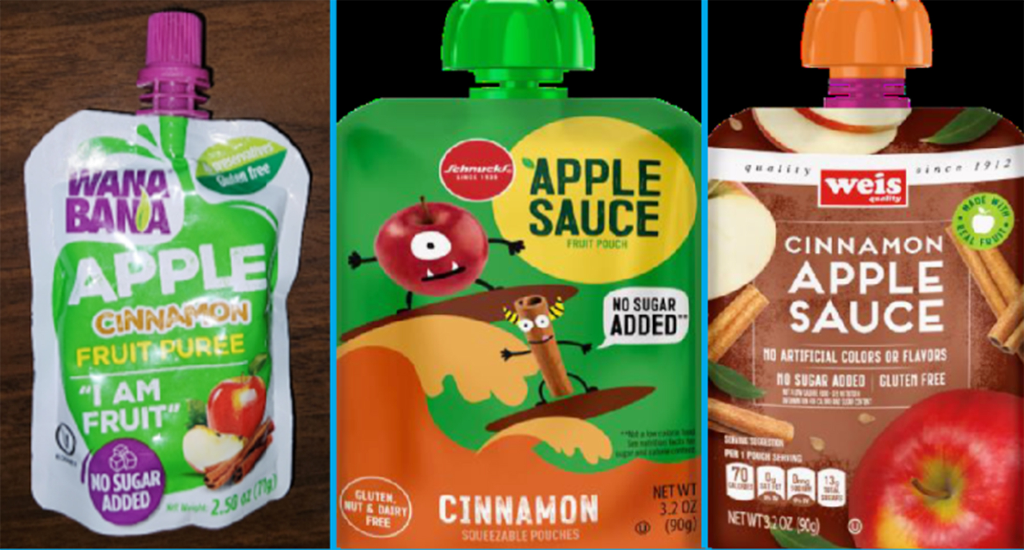 FILE - This image provided by the U.S. Food and Drug Administration on Nov. 17, 2023, shows three recalled applesauce products - WanaBana apple cinnamon fruit puree pouches, Schnucks-brand cinnamon-flavored applesauce pouches and variety pack, and Weis-brand cinnamon applesauce pouches. Dollar Tree failed to effectively recall the lead-tainted applesauce pouches linked to reports of illness in more than 500 children, leaving the products on some stores shelves for two months, the Food and Drug Administration said Tuesday, June 18, 2024. (FDA via AP, File)