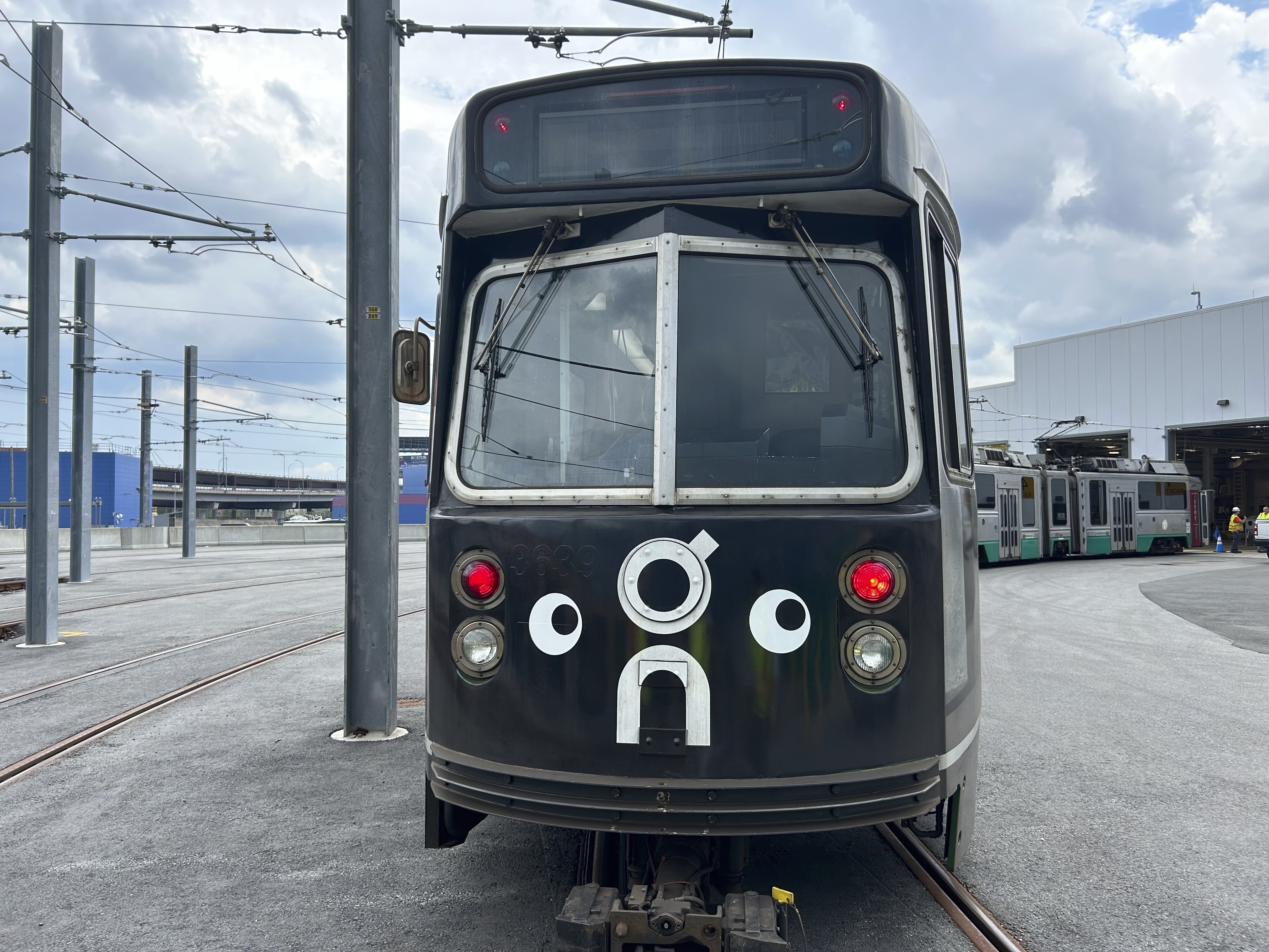 In this undated photo released by the Massachusetts Bay Transportation Authority, MBTA, a subway car dons googly eyes under its front windshield in Boston. (Massachusetts Bay Transportation Authority via AP)