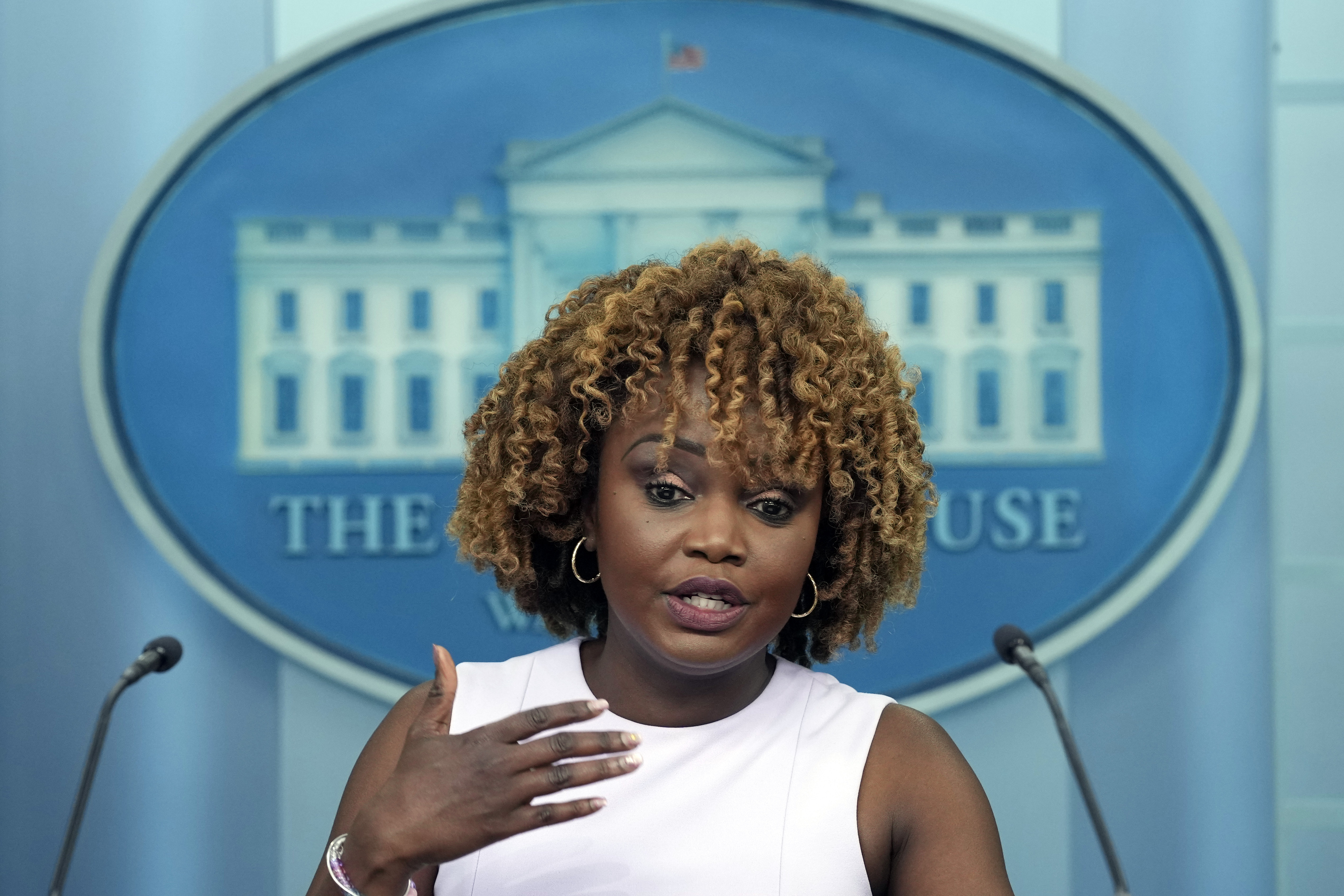 White House press secretary Karine Jean-Pierre speaks during the daily briefing at the White House in Washington, Tuesday, July 2, 2024. (AP Photo/Susan Walsh)