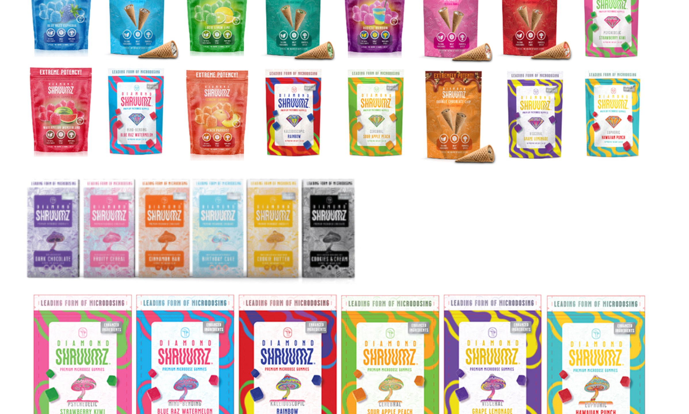 This image provided by the U.S. Food and Drug Administration shows Diamond Shruumz-brand products which have been recalled in June 2024. At least 48 people in 24 states said they got sick after eating Prophet Premium Blends LLC's products including chocolate bars, cones and gummies, the U.S. Food and Drug Administration said Tuesday, July 2, 2024. One death is “potentially associated” with the outbreak and 27 people have been hospitalized, the agency said. (FDA via AP)