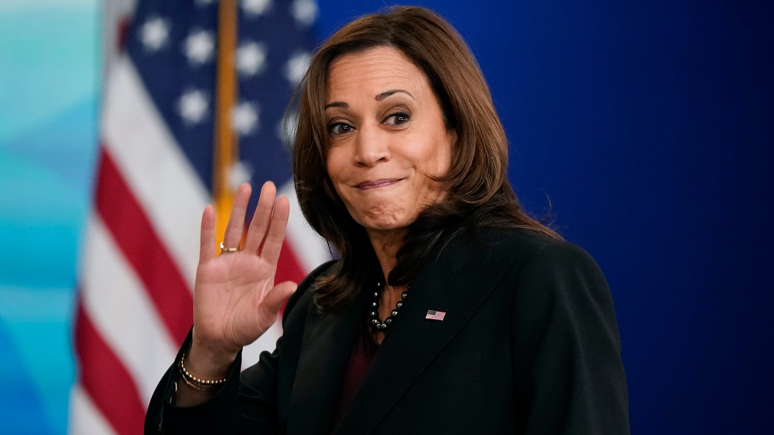 FILE - Vice President Kamala Harris waves as she departs after speaking at the Tribal Nations Summit in the South Court Auditorium on the White House campus, Nov. 16, 2021, in Washington. Harris has been the White House's first line of defense after President Joe Biden's faltering performance in last week's debate with Donald Trump. (AP Photo/Patrick Semansky, File)