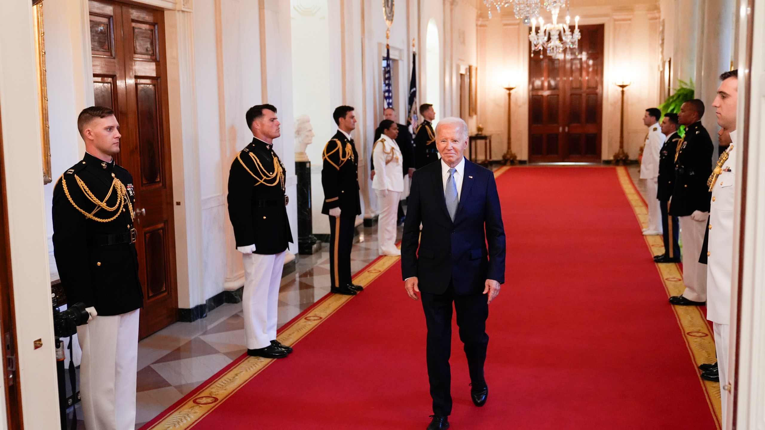 President Joe Biden arrives for a Medal of Honor Ceremony at the White House in Washington, Wednesday, July 3, 2024, posthumously honoring two U.S. Army privates who were part of a daring Union Army contingent that stole a Confederate train during the Civil War. U.S. Army Pvts. Philip G. Shadrach and George D. Wilson were captured by Confederates and executed by hanging. (AP Photo/Susan Walsh)