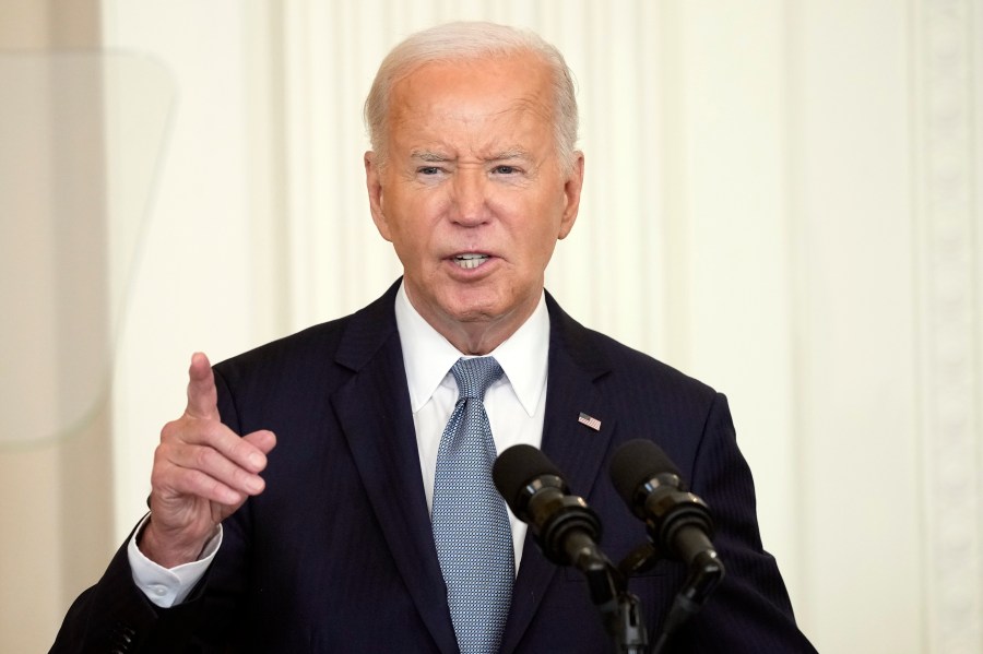 President Joe Biden speaks during a Medal of Honor Ceremony at the White House in Washington, Wednesday, July 3, 2024, posthumously honoring two U.S. Army privates who were part of a daring Union Army contingent that stole a Confederate train during the Civil War. U.S. Army Pvts. Philip G. Shadrach and George D. Wilson were captured by Confederates and executed by hanging. (AP Photo/Susan Walsh)