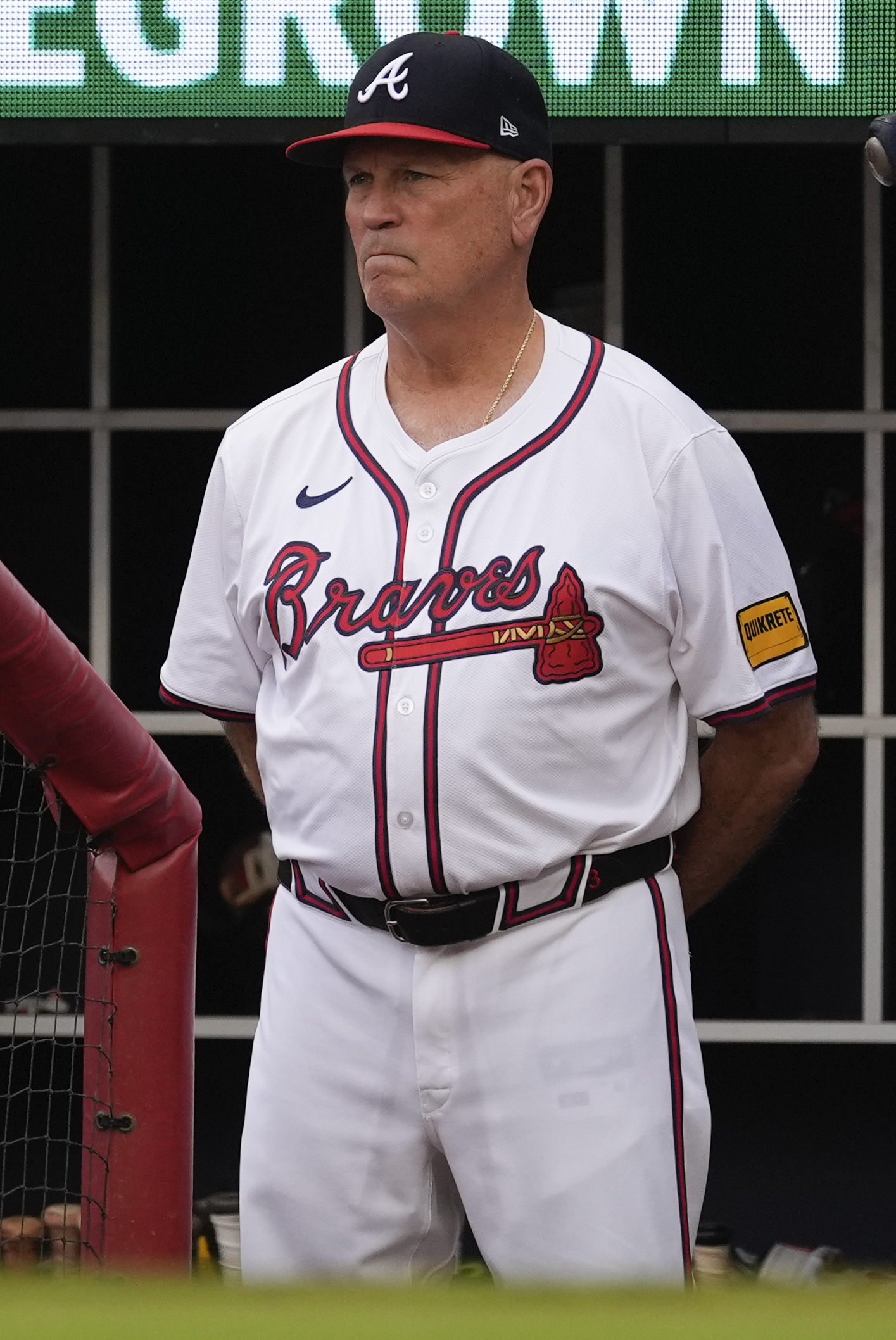 Atlanta Braves manager Brian Snitker (43) looks on from the dugout during a baseball game against the Detroit Tigers Tuesday, June 18, 2024, in Atlanta. (AP Photo/John Bazemore)