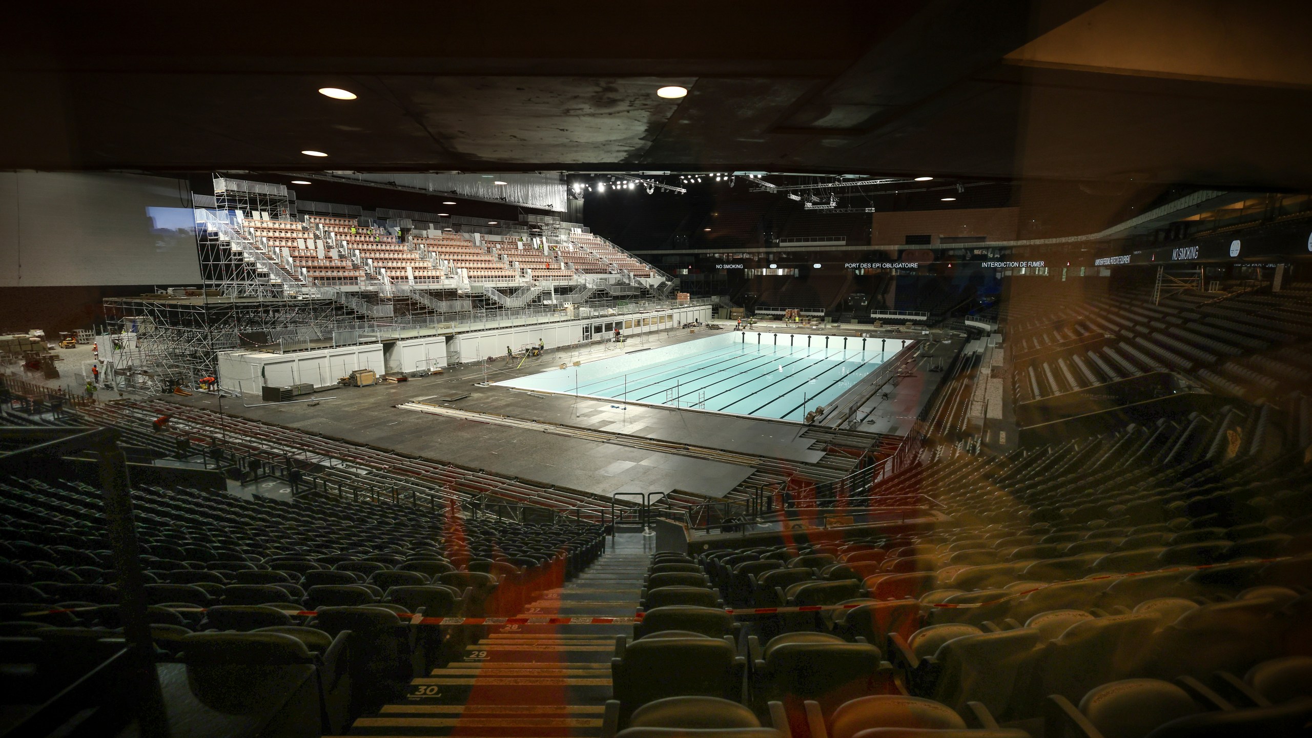 A view of the olympic swimming pool, Wednesday, June 12, 2024 at the Paris La Defense Arena, in Nanterre, outside Paris. The Paris La Defense Arena will host the swimming and some water polo events during the Paris 2024 Olympic Games. (AP Photo/Thomas Padilla)