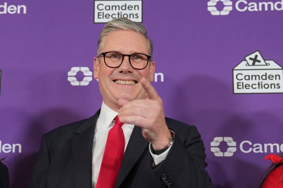 Britain's Labour Party leader Keir Starmer reacts on stage as he is elected for the Holborn and St Pancras constituency, in London, Friday, July 5, 2024. Britain's Labour Party appears to be headed for a huge majority in the 2024 UK election, an exit poll suggested. The poll released moments after voting closed indicated that Labour leader Keir Starmer will be the country's next prime minister.(AP Photo/Kin Cheung)