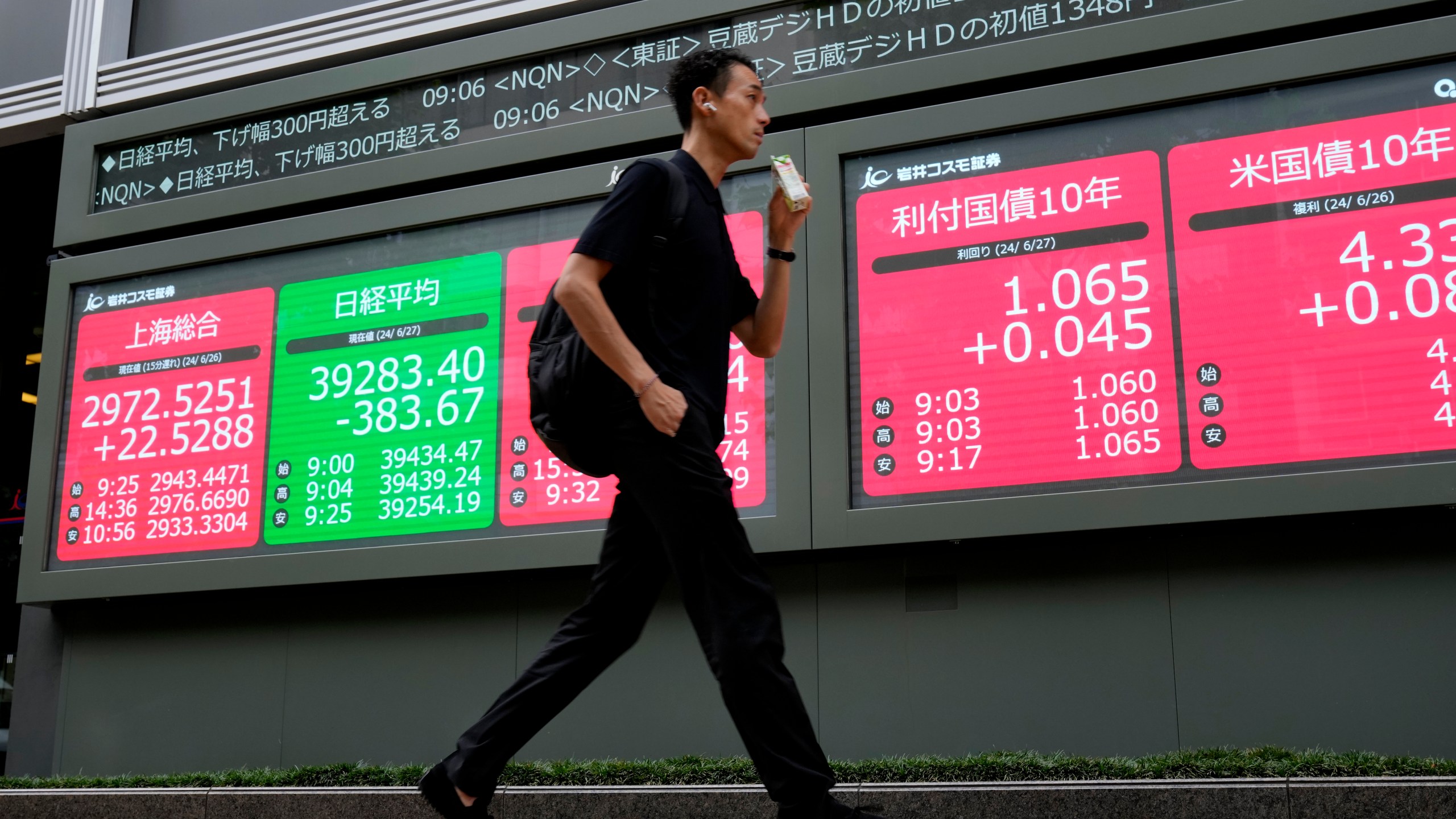 FILE - A person walks past at an electronic stock board showing financial indexes including Japan's Nikkei 225 index, green, at a securities firm in Tokyo, June 27, 2024. Asian shares were mostly lower on Friday, July 5, after solid gains in Europe overnight, while U.S. markets were closed for the July 4th holiday. (AP Photo/Shuji Kajiyama, File)