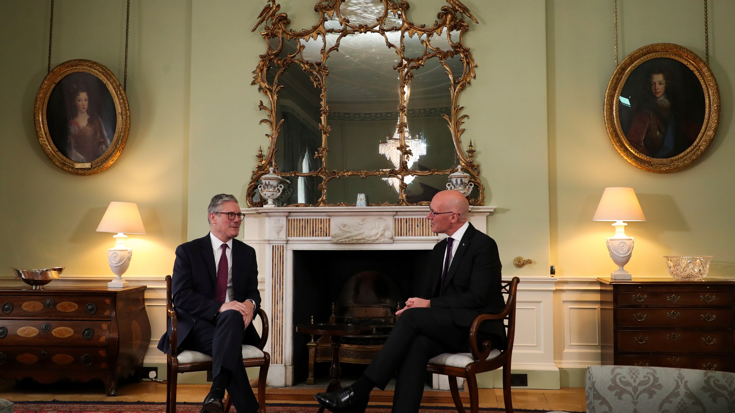 Britain's Prime Minister Keir Starmer, left, meets Scottish First Minister and SNP leader John Swinney during a visit to Edinburgh, Scotland on July 7, 2024 as part of a two-day tour of the four nations of the United Kingdom. (Scott Heppell, Pool Photo via AP)