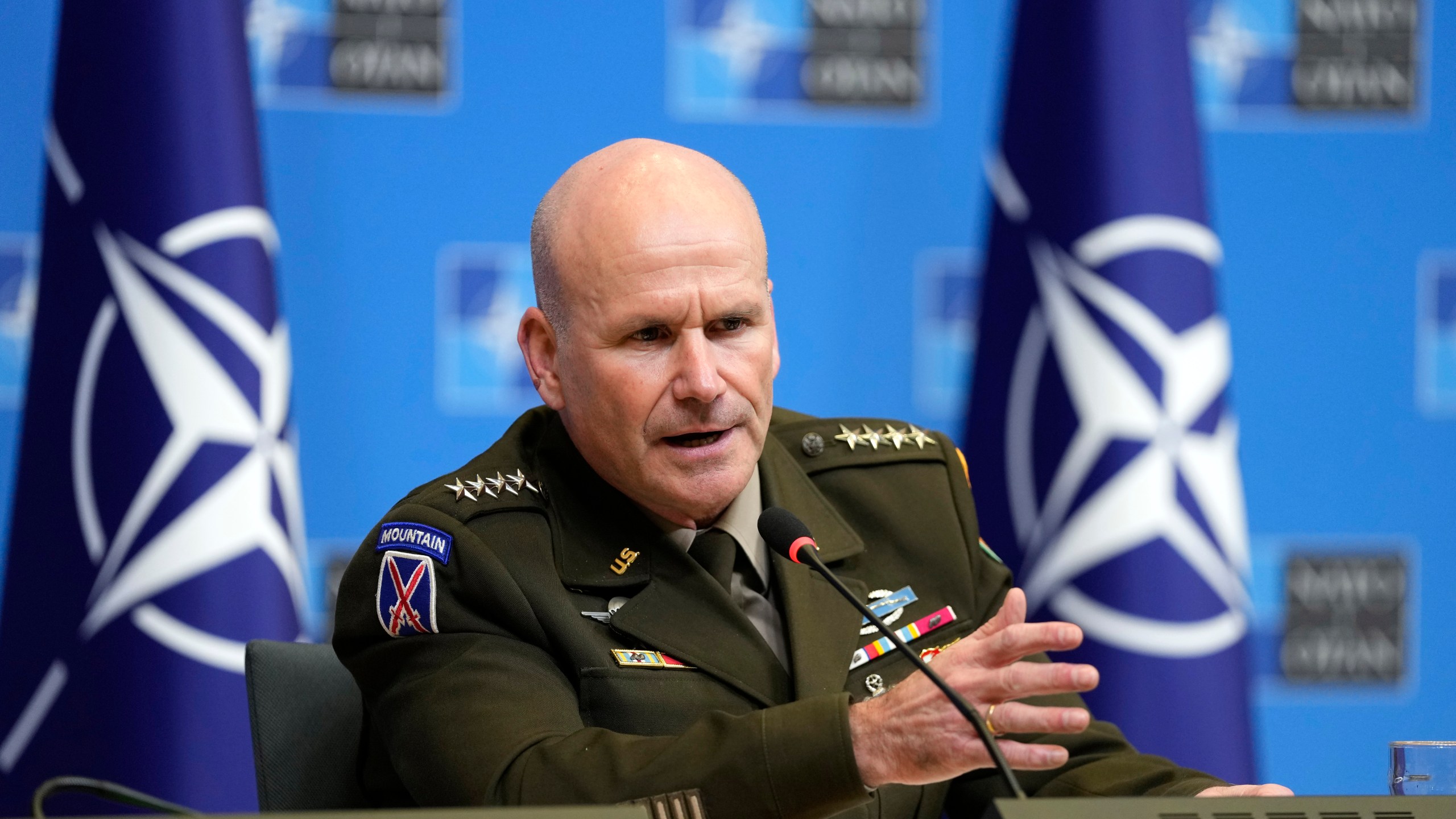 FILE - Supreme Allied Commander Europe, General Christopher Cavoli addresses a media conference at NATO headquarters in Brussels, Thursday, Jan. 18, 2024. NATO's military headquarters is based in Mons, Belgium. It is always run by a top U.S. officer. The current supreme allied commander Europe (SACEUR) is Army Gen. Christopher Cavoli. (AP Photo/Virginia Mayo, File)